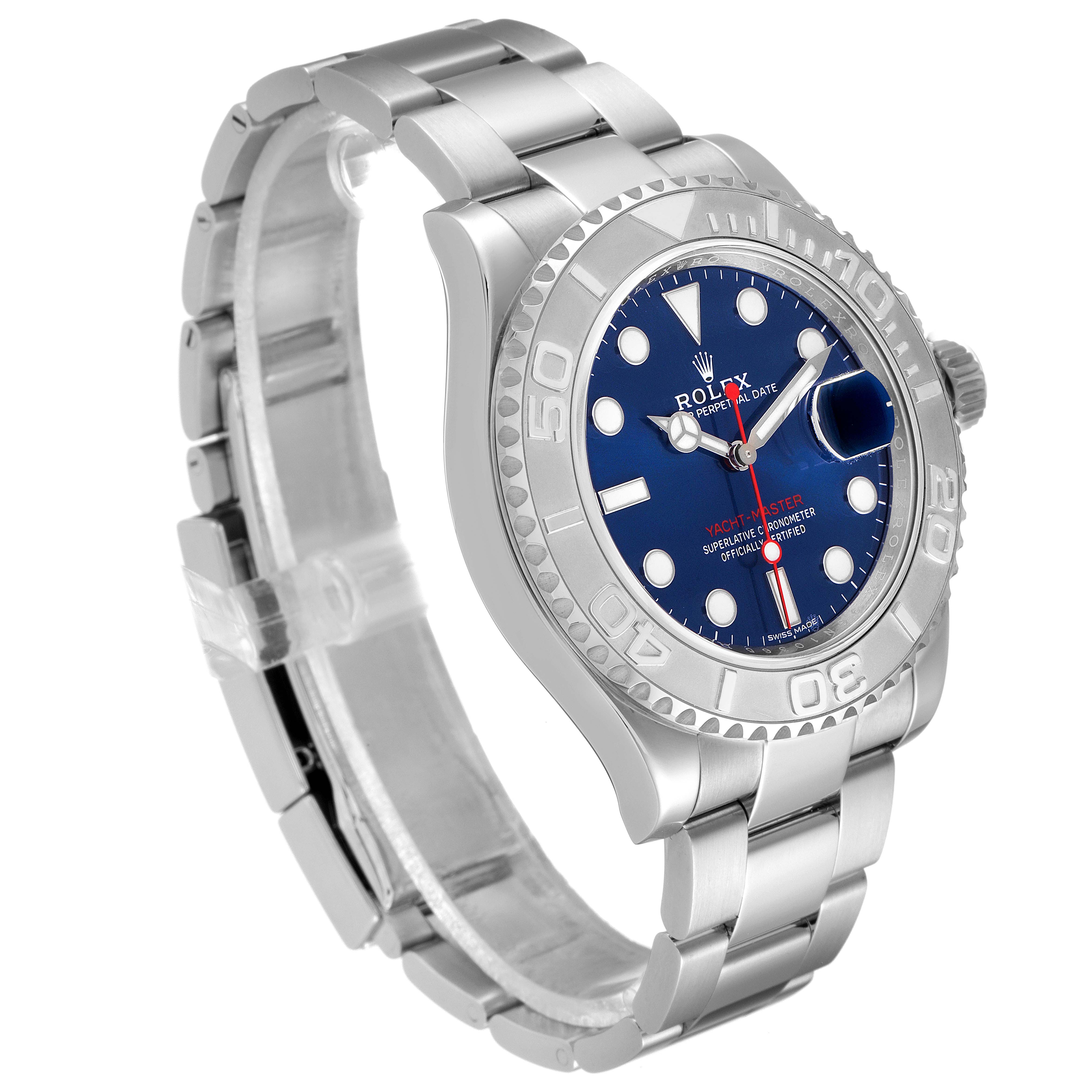 The Rolex Yacht-Master 116622 Men's Stainless Steel Blue Dial 116622 Men's Stainless Steel Blue Dial watch is shown at a 3/4 angle displaying its dial, bezel, bracelet, and crown.