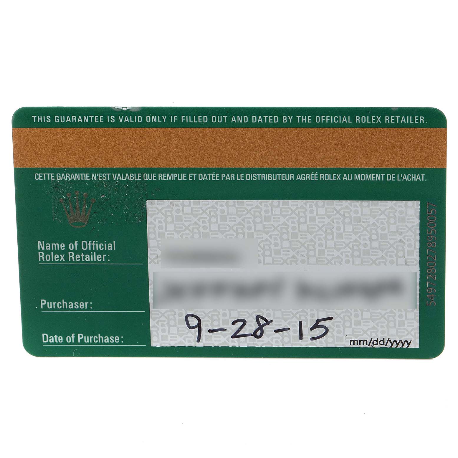 The image shows a warranty card for the Rolex Yacht-Master 116622 Men's Stainless Steel Blue Dial 116622 Men's Stainless Steel Blue Dial model, displaying the official retailer, purchaser, and purchase date.