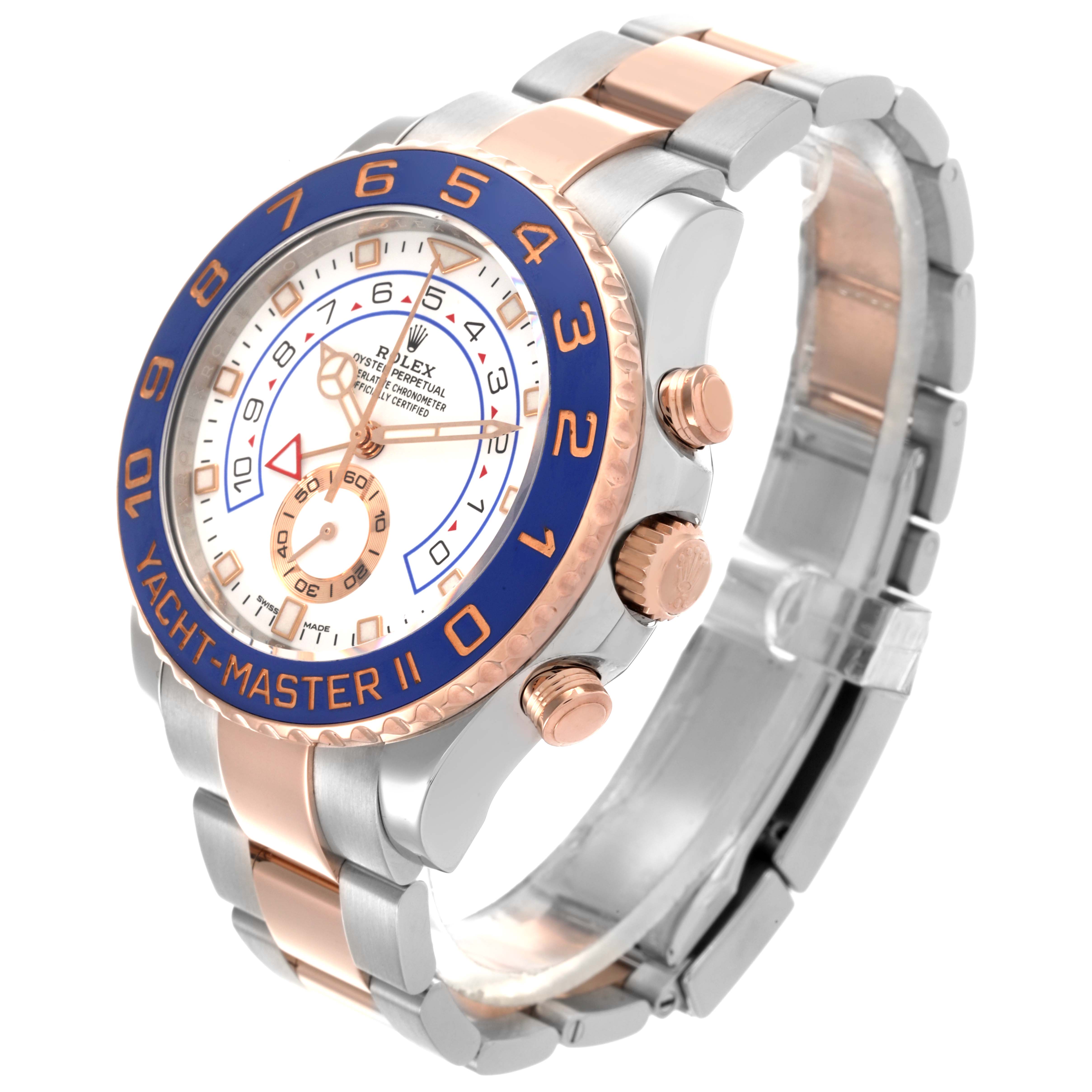 The Rolex Yacht-Master 116681 Men
s Steel and Gold (two tone) White Dial 116681 Men
s Steel and Gold (two tone) White Dial watch is shown from a side angle, highlighting the face, bezel, crown, and bracelet.