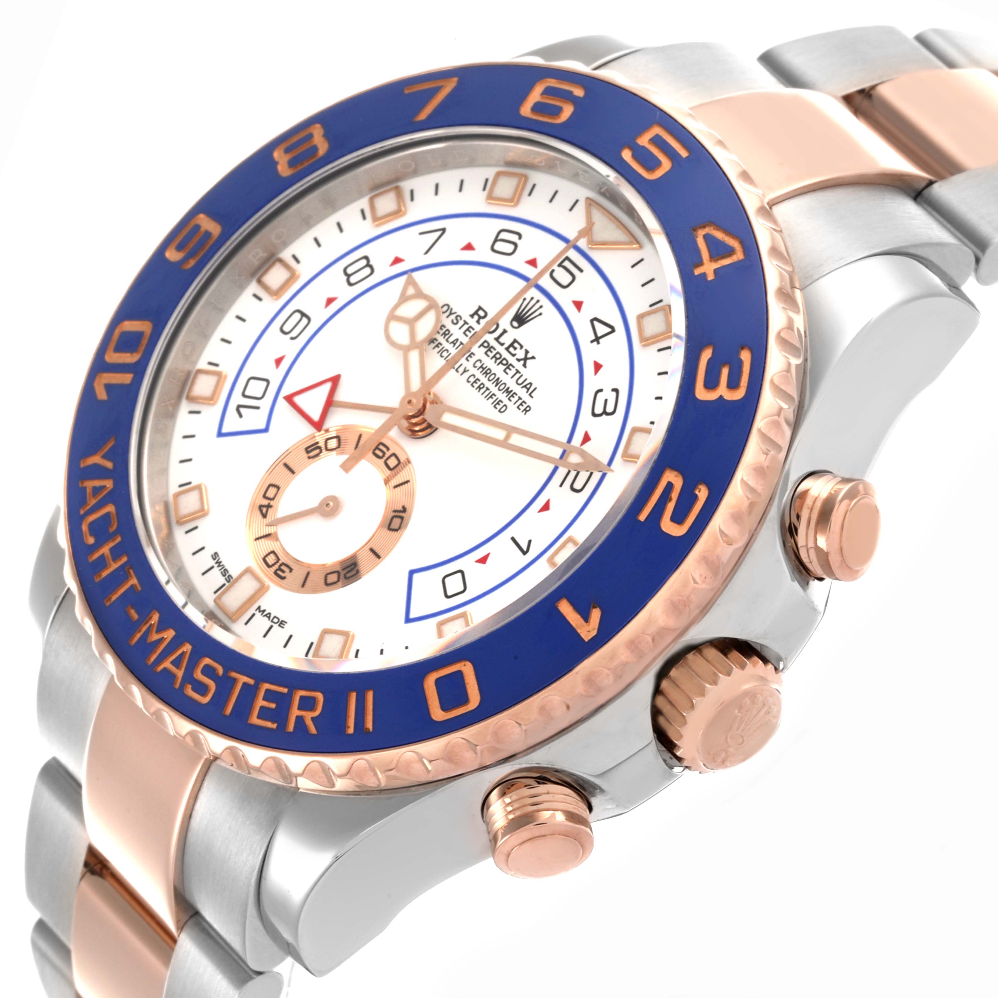 The Rolex Yacht-Master 116681 Men
s Steel and Gold (two tone) White Dial 116681 Men
s Steel and Gold (two tone) White Dial watch is shown at an angle highlighting the bezel, crown, and part of the bracelet.