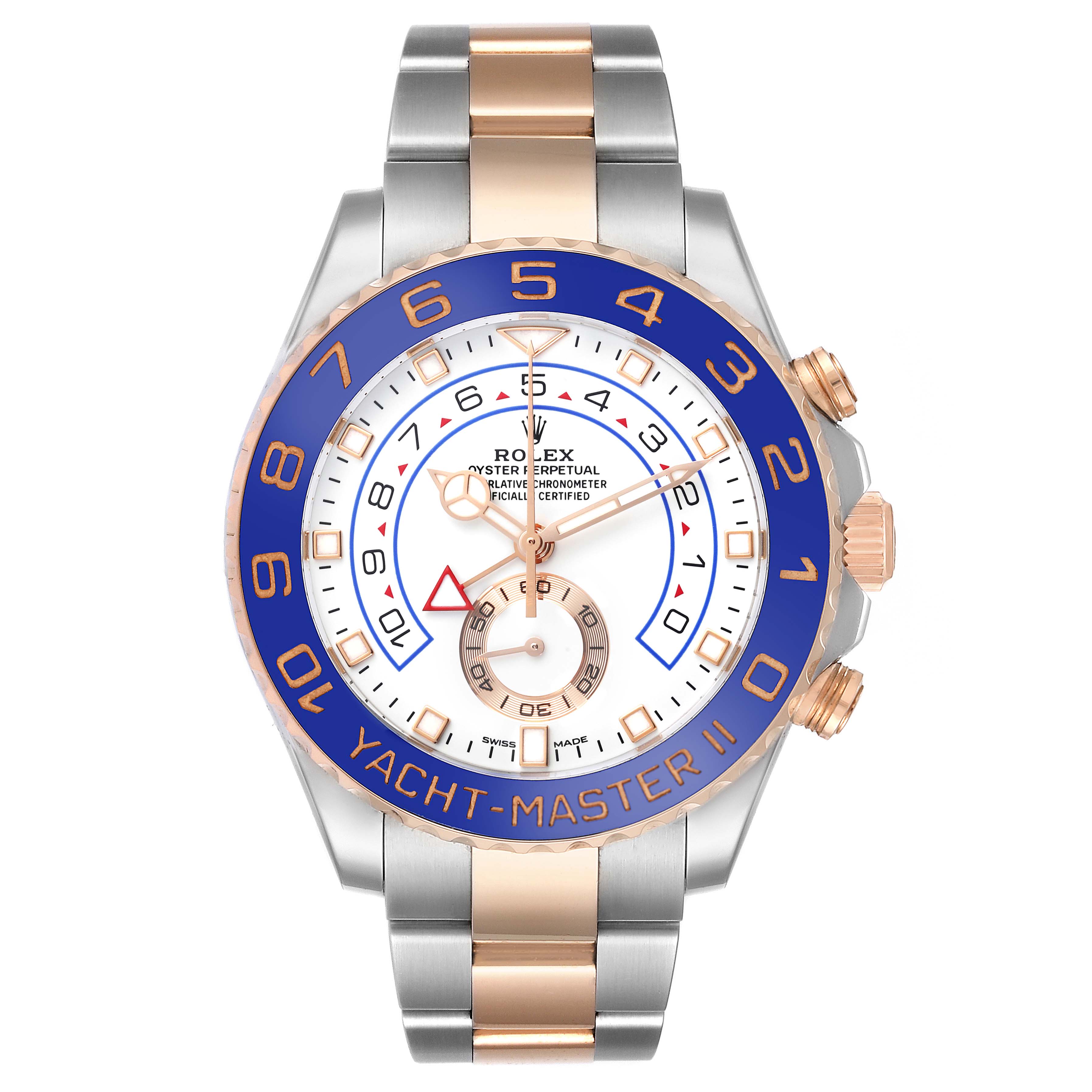 The Rolex Yacht-Master 116681 Men
s Steel and Gold (two tone) White Dial 116681 Men
s Steel and Gold (two tone) White Dial watch is shown from a front angle, displaying its dial, bezel, and bracelet.
