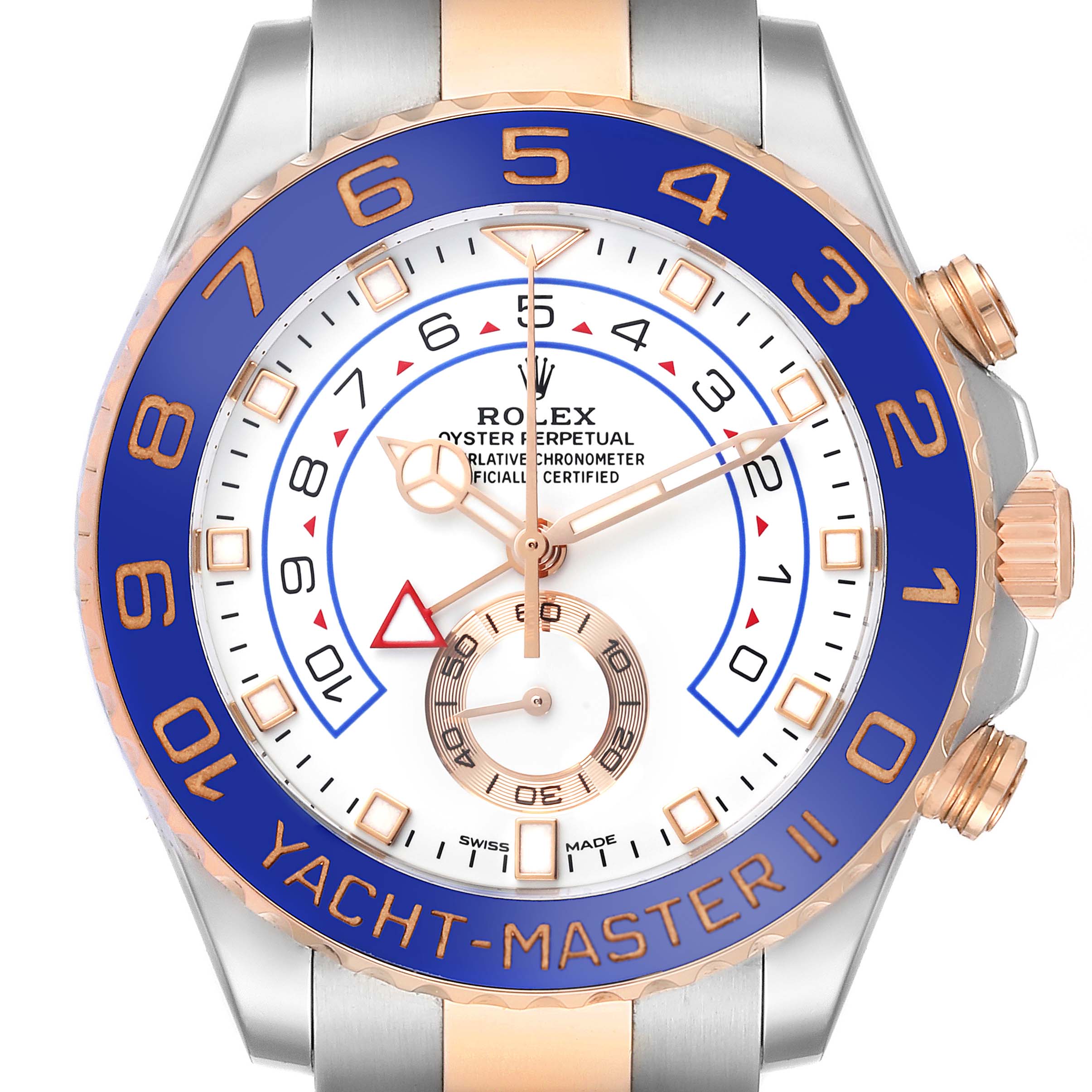 The Rolex Yacht-Master 116681 Men
s Steel and Gold (two tone) White Dial 116681 Men
s Steel and Gold (two tone) White Dial model is shown from a front angle highlighting the dial, bezel, and crown.