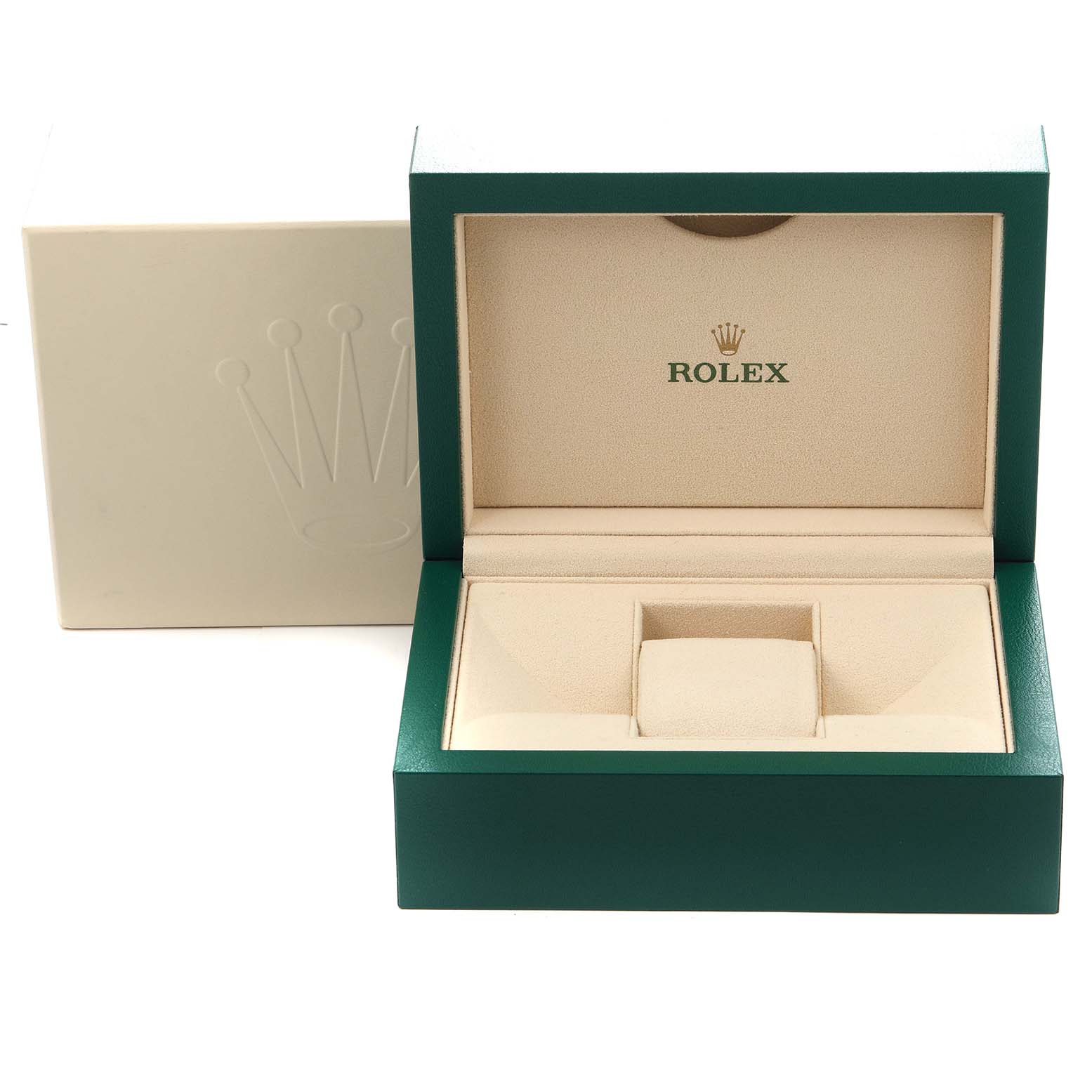 The image shows an open Rolex Yacht-Master 116681 Men
s Steel and Gold (two tone) White Dial 116681 Men
s Steel and Gold (two tone) White Dial watch box with branding, displaying the interior designed to hold the watch.