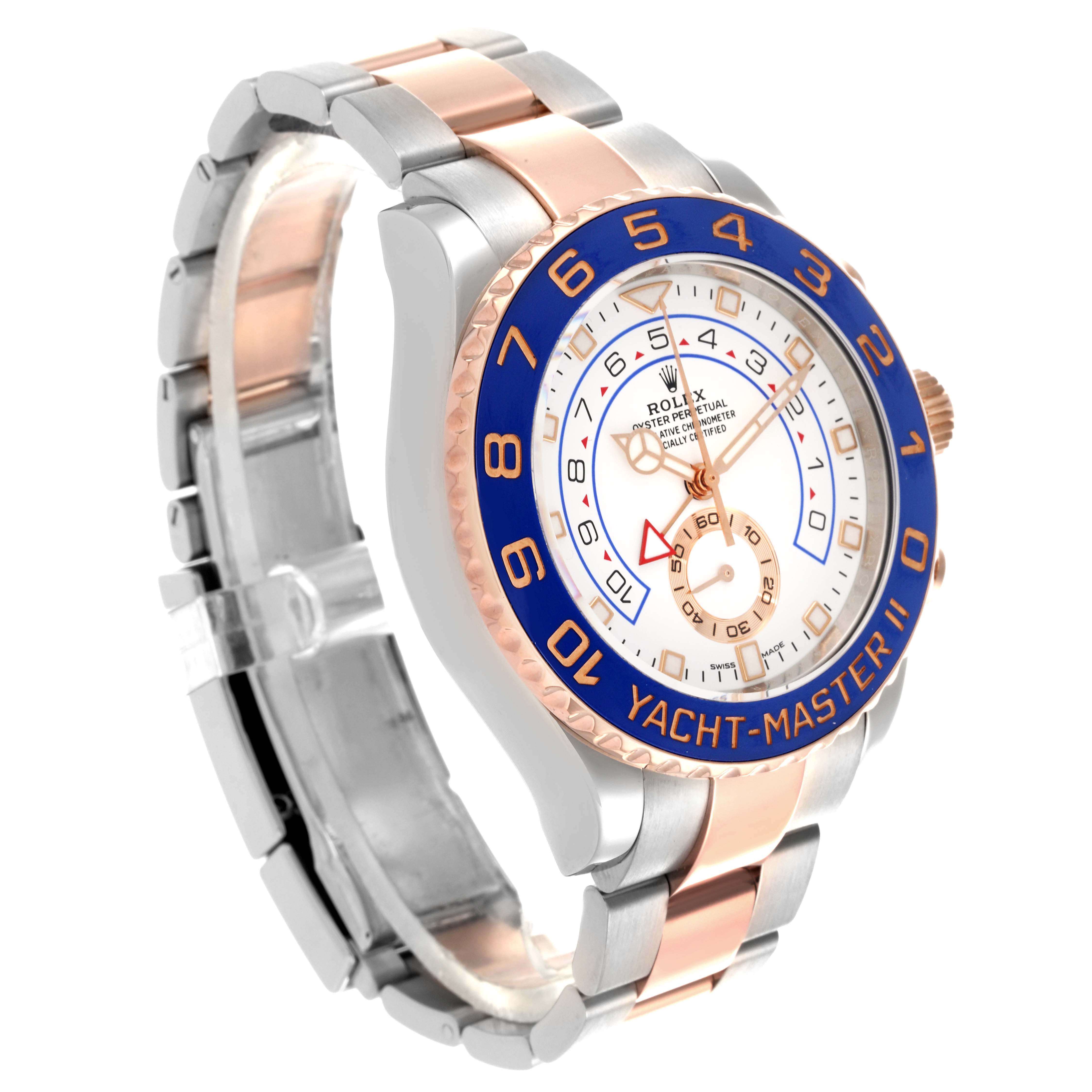 The image shows the Rolex Yacht-Master 116681 Men
s Steel and Gold (two tone) White Dial 116681 Men
s Steel and Gold (two tone) White Dial II watch from a front-side angle, highlighting the bezel and bracelet.