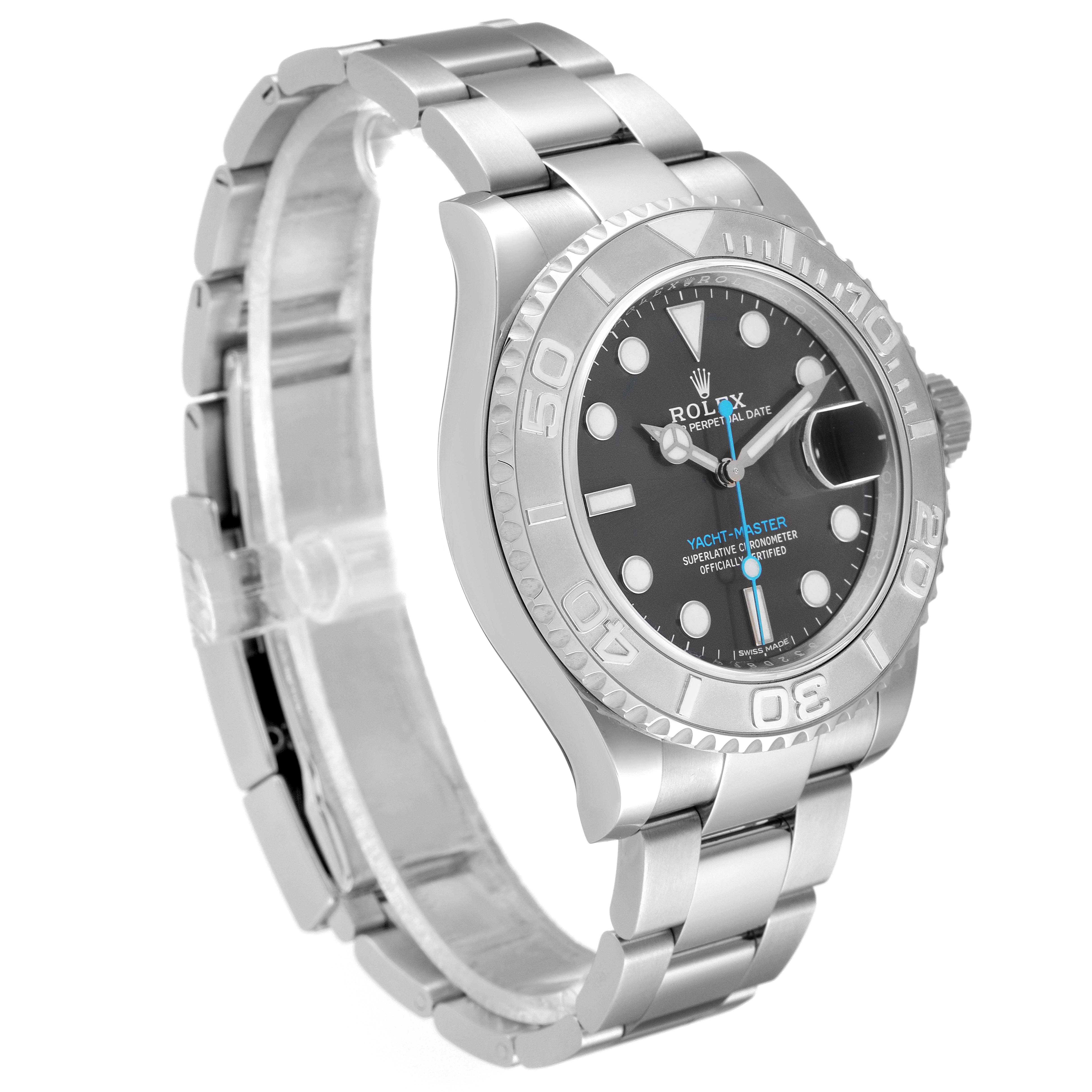 This image shows a side angle of the Rolex Yacht-Master 116622 Men's Stainless Steel Grey Dial 116622 Men's Stainless Steel Grey Dial watch, highlighting the bracelet and face.