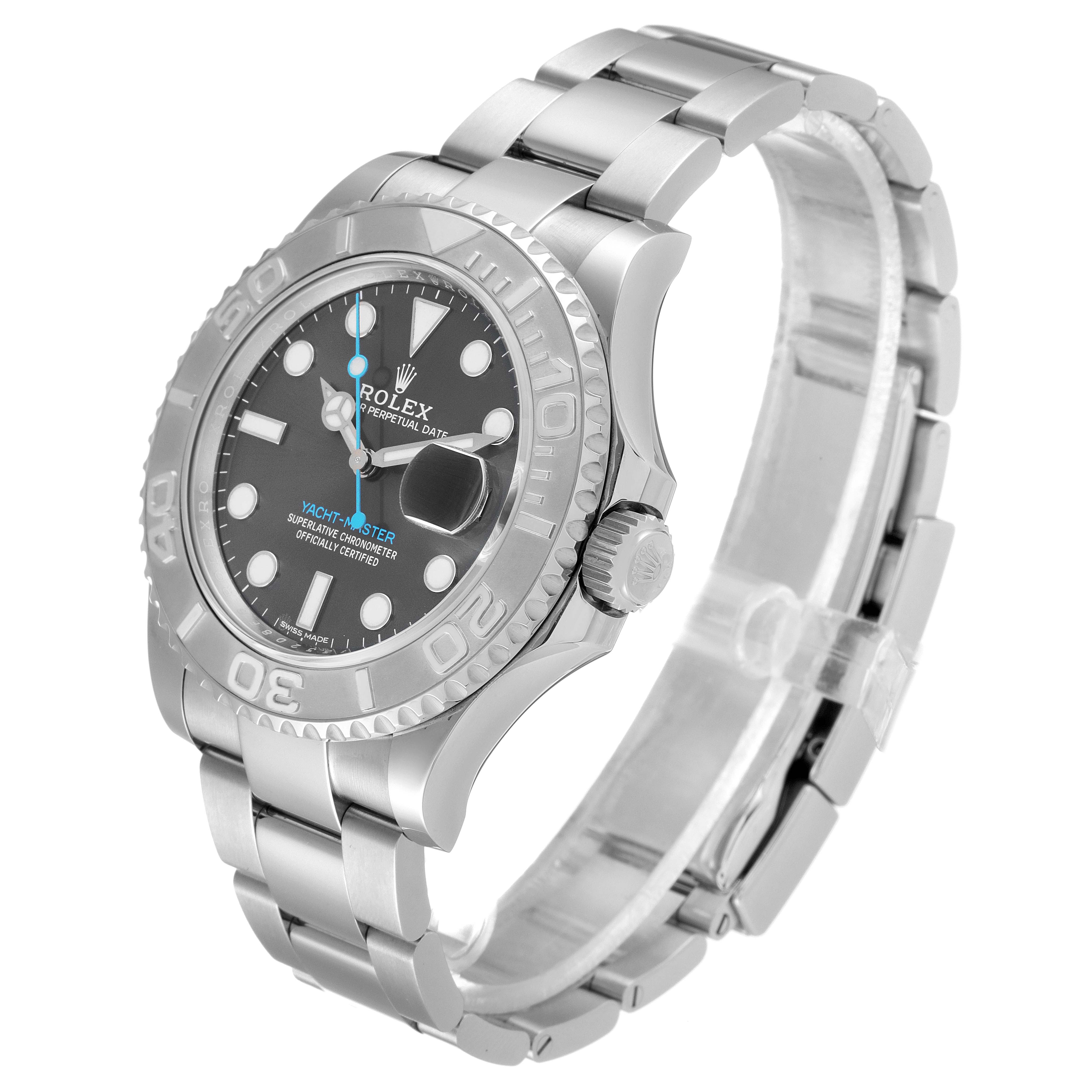 The Rolex Yacht-Master 116622 Men's Stainless Steel Grey Dial 116622 Men's Stainless Steel Grey Dial watch is shown at a slight angle, capturing the dial, bezel, crown, and full bracelet.