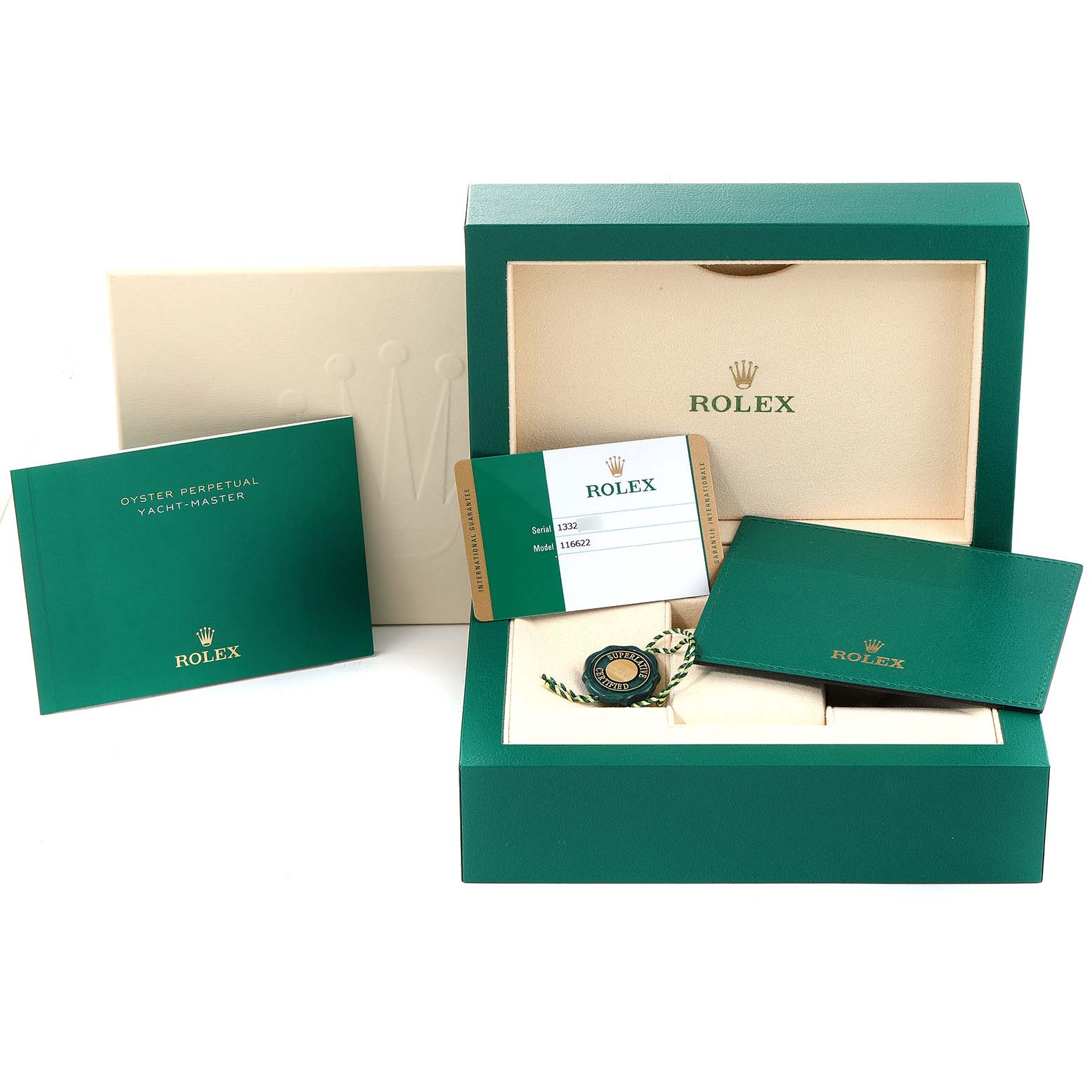 This image shows the packaging and accessories for a Rolex Yacht-Master 116622 Men's Stainless Steel Grey Dial 116622 Men's Stainless Steel Grey Dial watch, including the box, manuals, and warranty card.