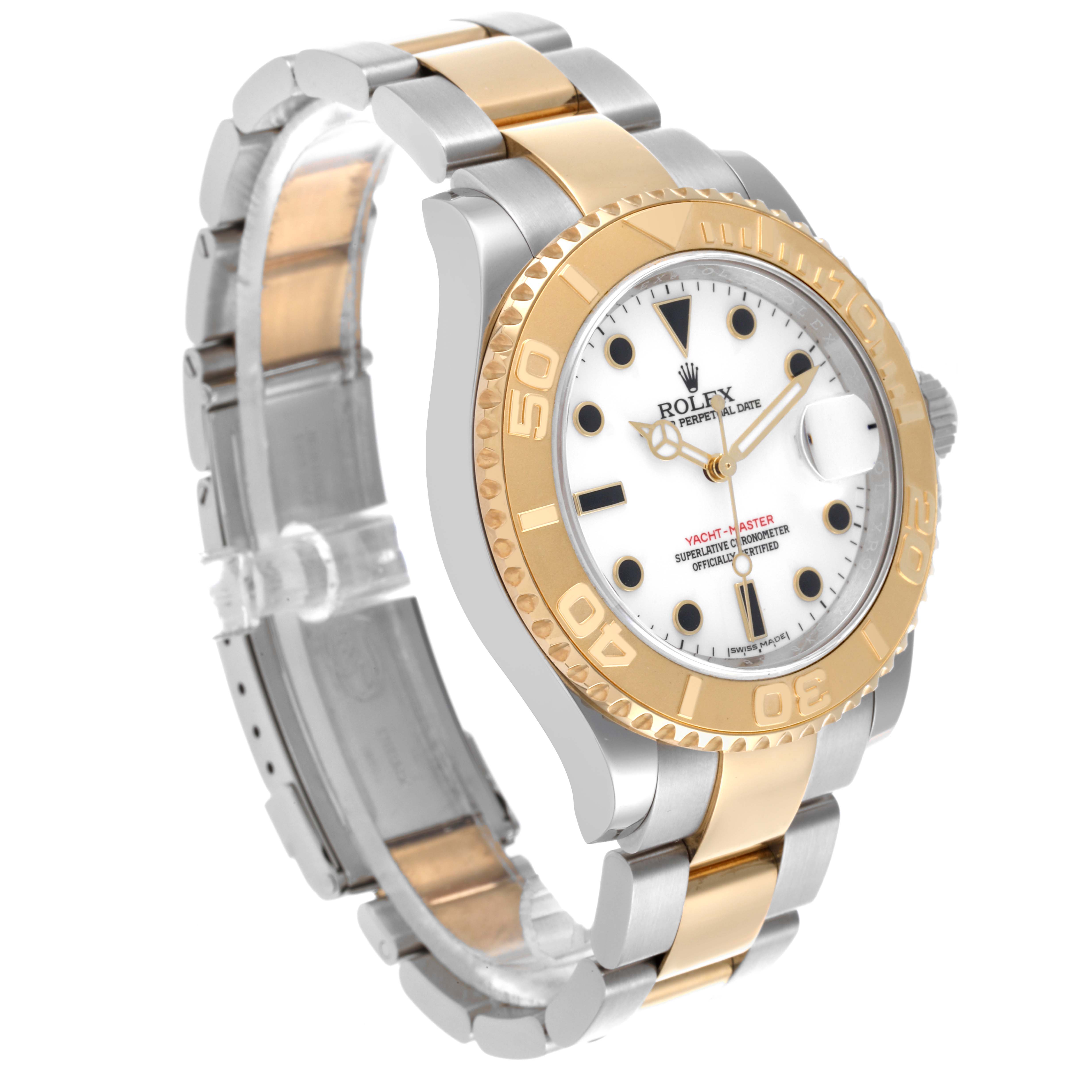 The Rolex Yacht-Master 16623 Men's Steel and Gold (two tone) White Dial 16623 Men's Steel and Gold (two tone) White Dial watch is shown at a three-quarter angle, highlighting the bezel, dial, and bracelet.