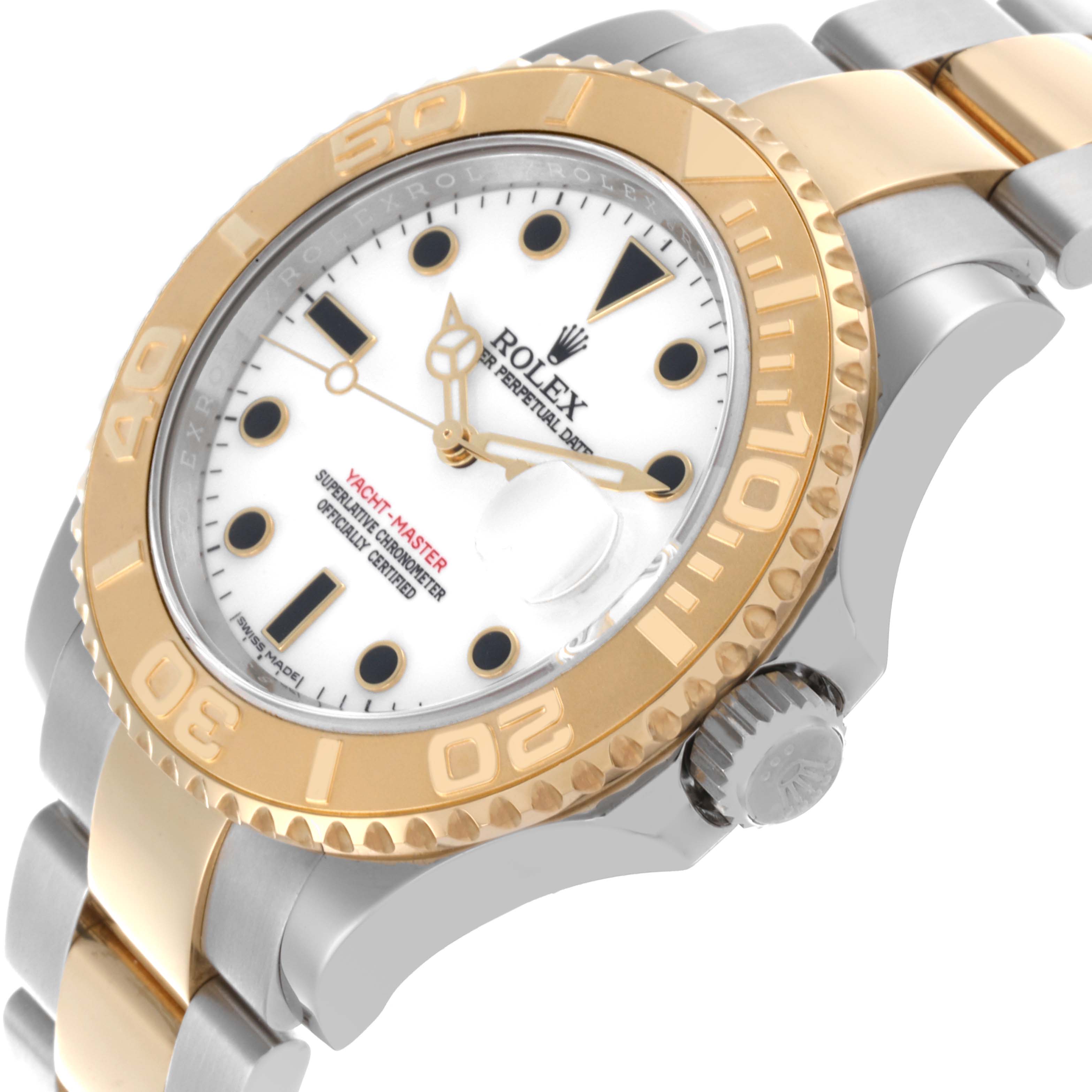 The Rolex Yacht-Master 16623 Men's Steel and Gold (two tone) White Dial 16623 Men's Steel and Gold (two tone) White Dial watch is shown from a tilted angle, displaying its gold bezel, white dial, and metal bracelet.