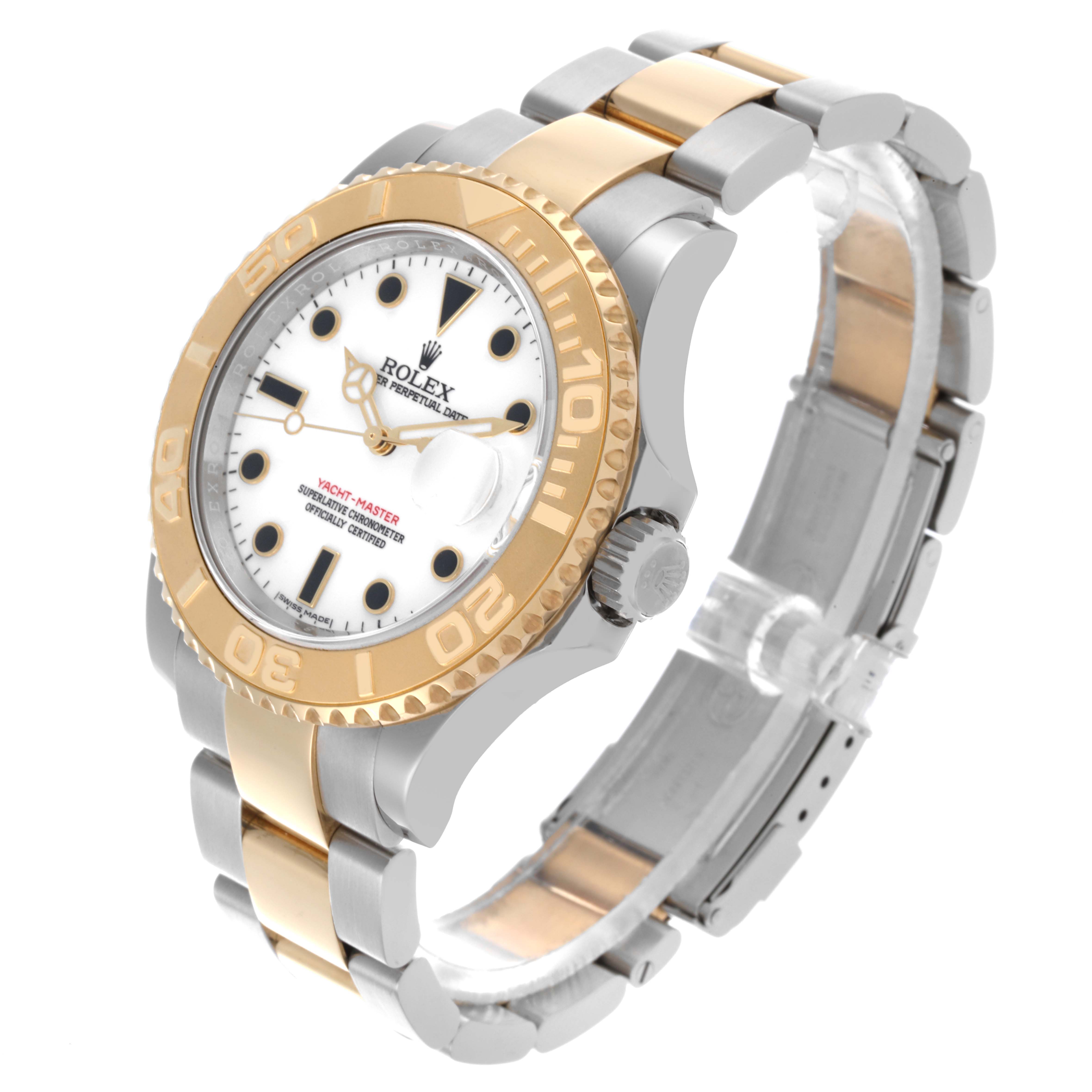 This image shows a side angle of a Rolex Yacht-Master 16623 Men's Steel and Gold (two tone) White Dial 16623 Men's Steel and Gold (two tone) White Dial watch, highlighting the bezel, crown, and bracelet.
