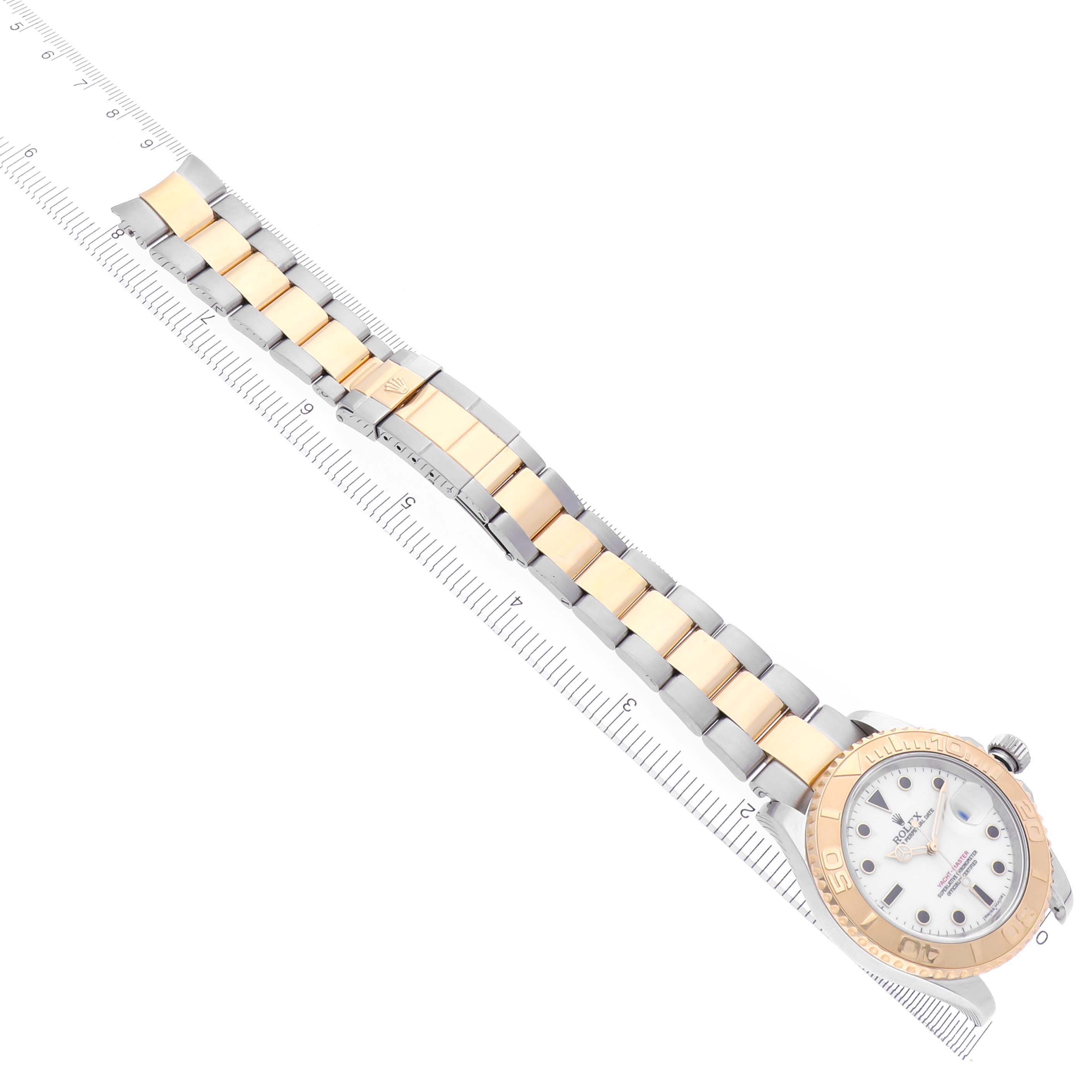 The Rolex Yacht-Master 16623 Men's Steel and Gold (two tone) White Dial 16623 Men's Steel and Gold (two tone) White Dial watch is shown at a diagonal angle, highlighting its bracelet and bezel.