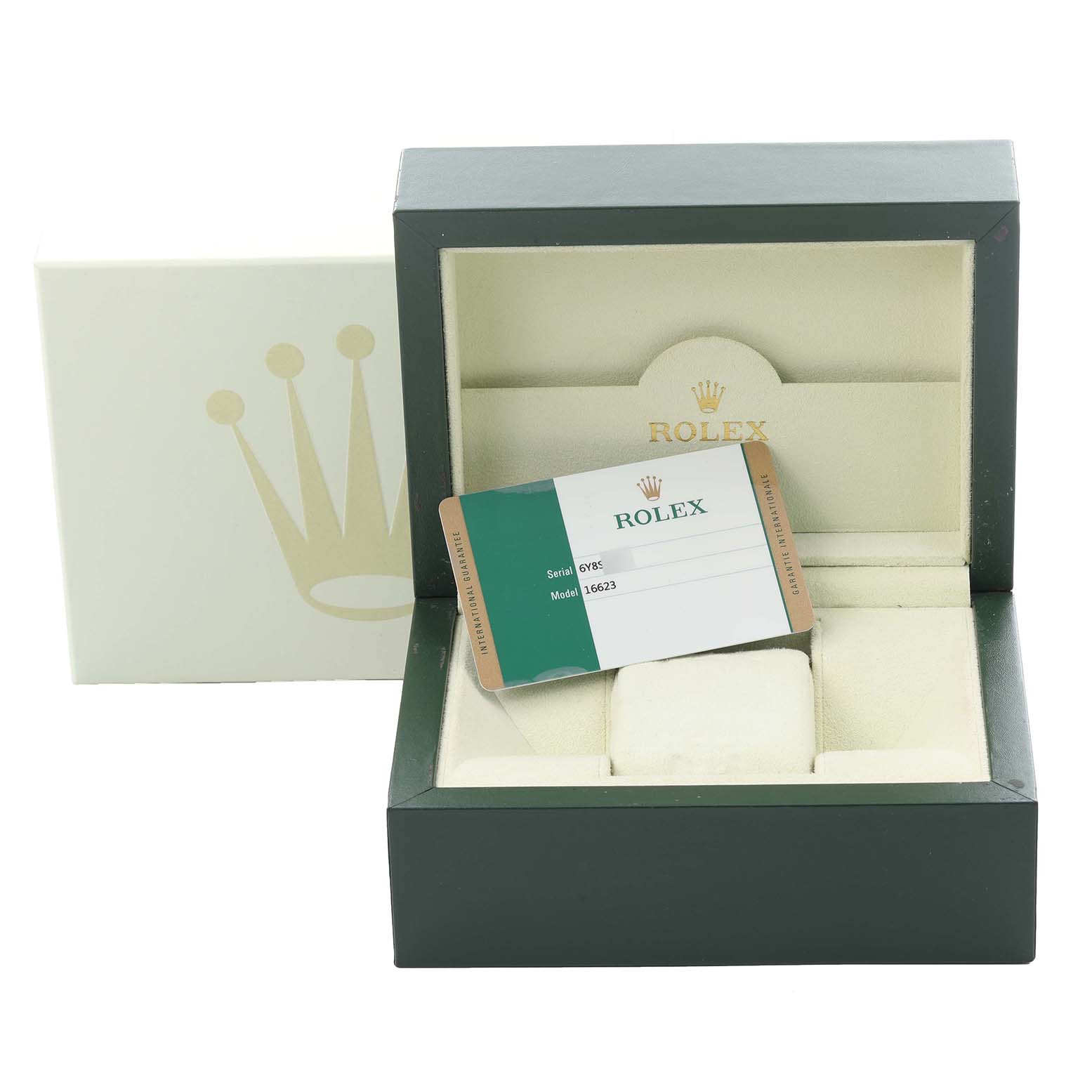 The image shows a Rolex Yacht-Master 16623 Men's Steel and Gold (two tone) White Dial 16623 Men's Steel and Gold (two tone) White Dial box and authenticity card from a frontal angle, with no watch visible.