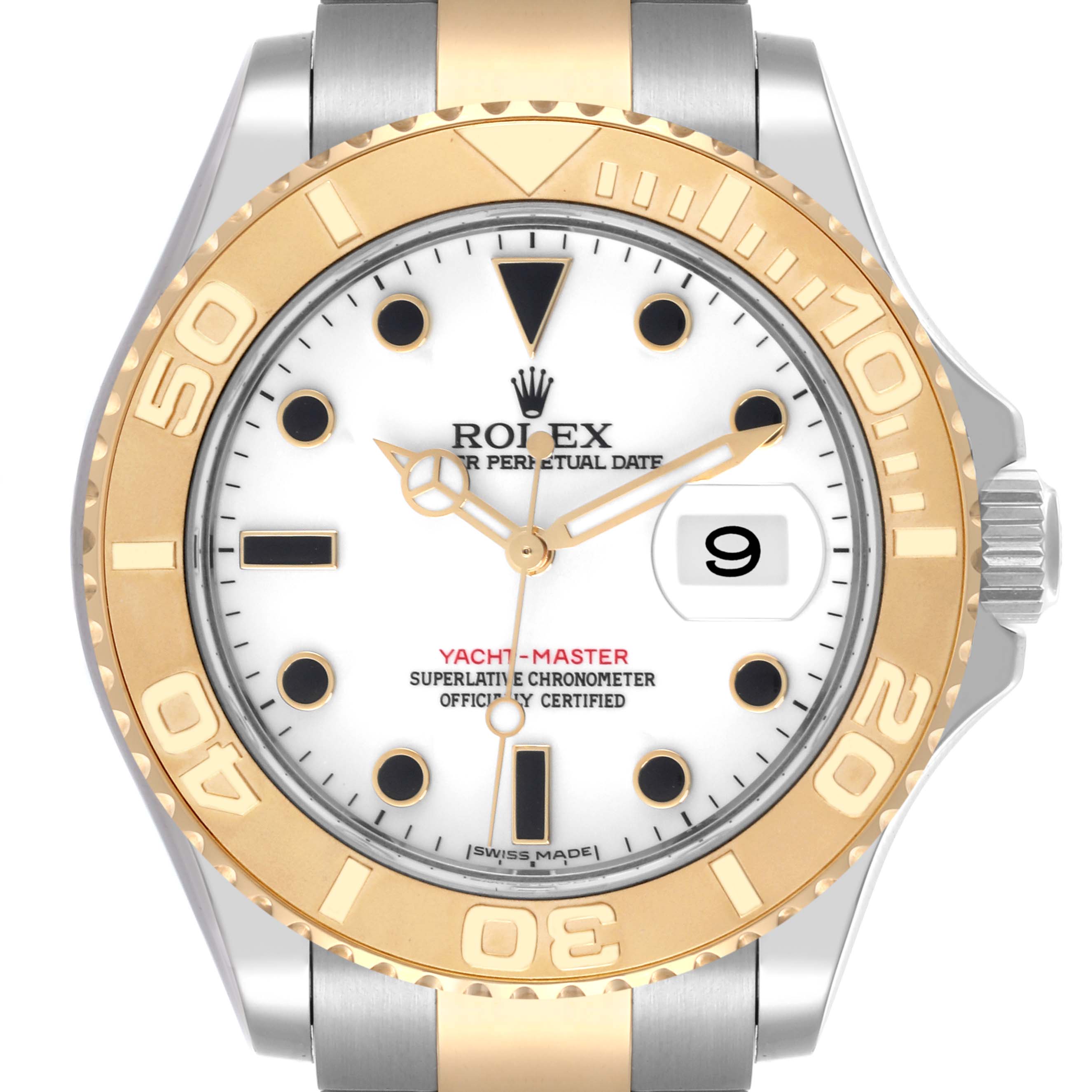 The Rolex Yacht-Master 16623 Men's Steel and Gold (two tone) White Dial 16623 Men's Steel and Gold (two tone) White Dial watch is shown from the front, highlighting its face, bezel, crown, and part of the bracelet.