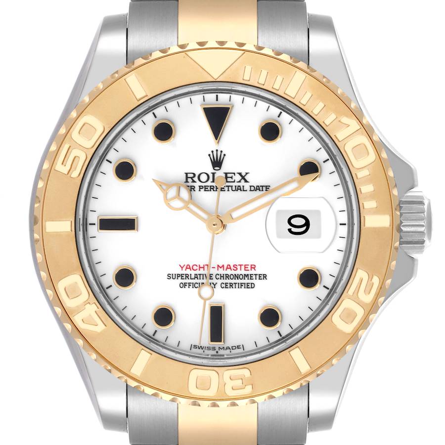 The Rolex Yacht-Master watch is shown from the front, highlighting its face, bezel, crown, and part of the bracelet.