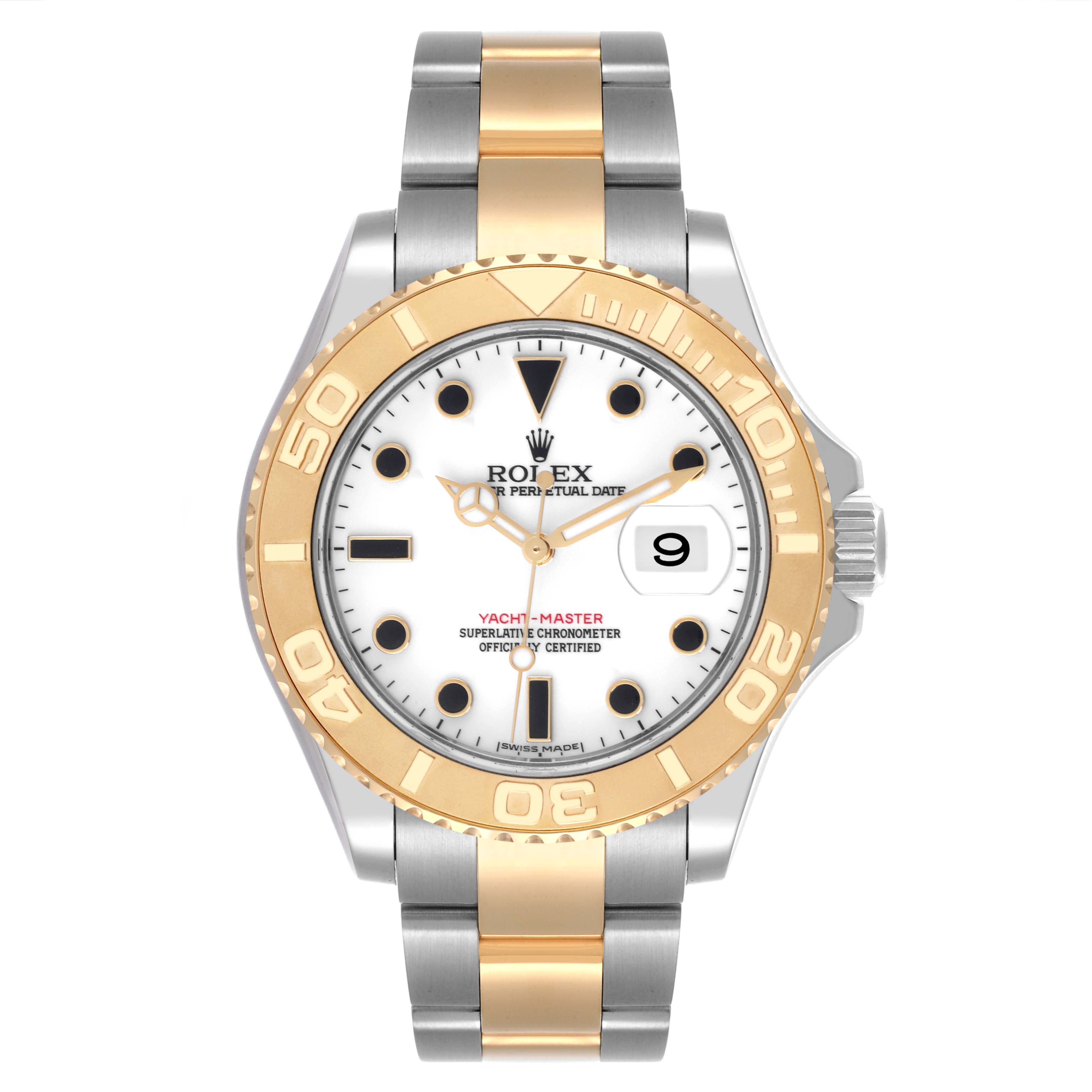 The image shows a front view of the Rolex Yacht-Master 16623 Men's Steel and Gold (two tone) White Dial 16623 Men's Steel and Gold (two tone) White Dial watch, highlighting its face, bezel, crown, and bracelet.