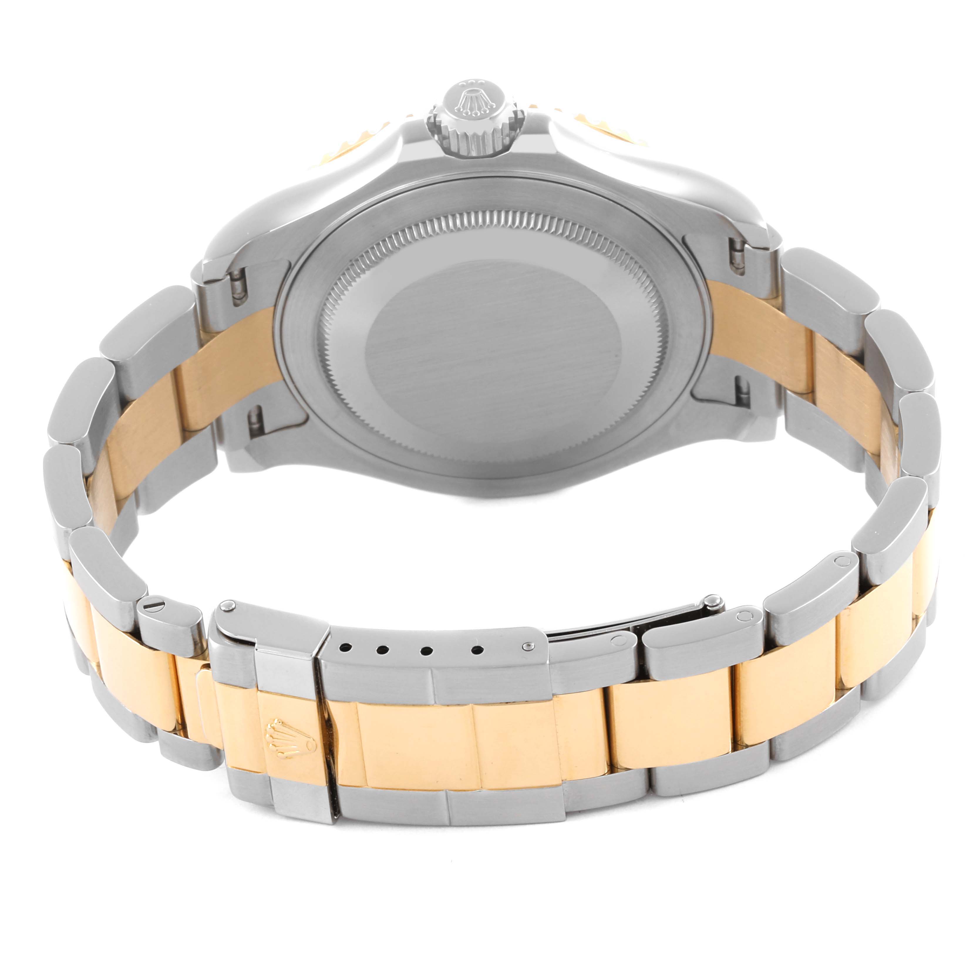 The Rolex Yacht-Master 16623 Men's Steel and Gold (two tone) White Dial 16623 Men's Steel and Gold (two tone) White Dial is shown from the back, featuring the case back and bracelet clasp.