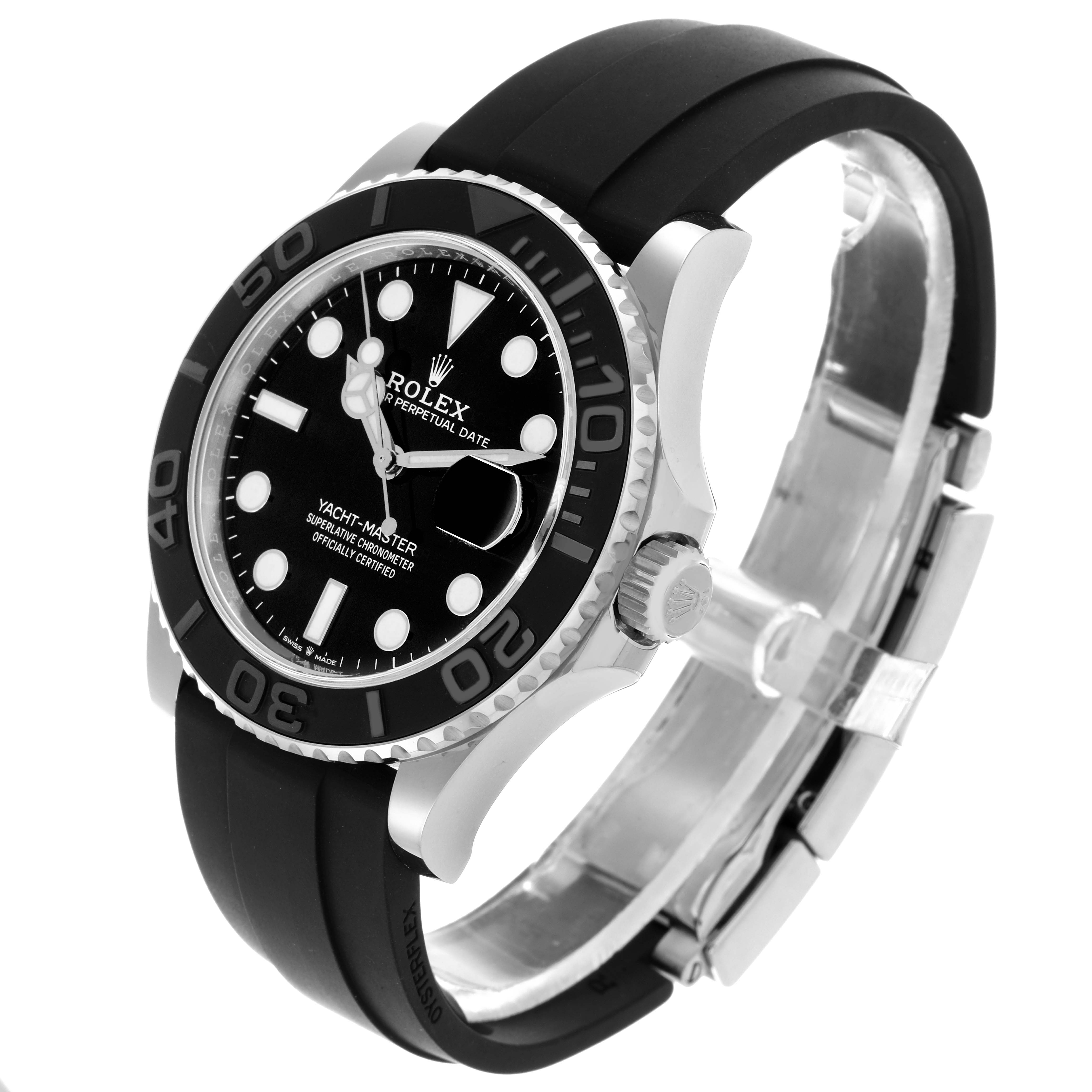 The Rolex Yacht-Master 226659 Men's White Gold Black Dial 226659 Men's White Gold Black Dial watch is shown at an angled view, highlighting the black bezel, dial, and rubber strap.