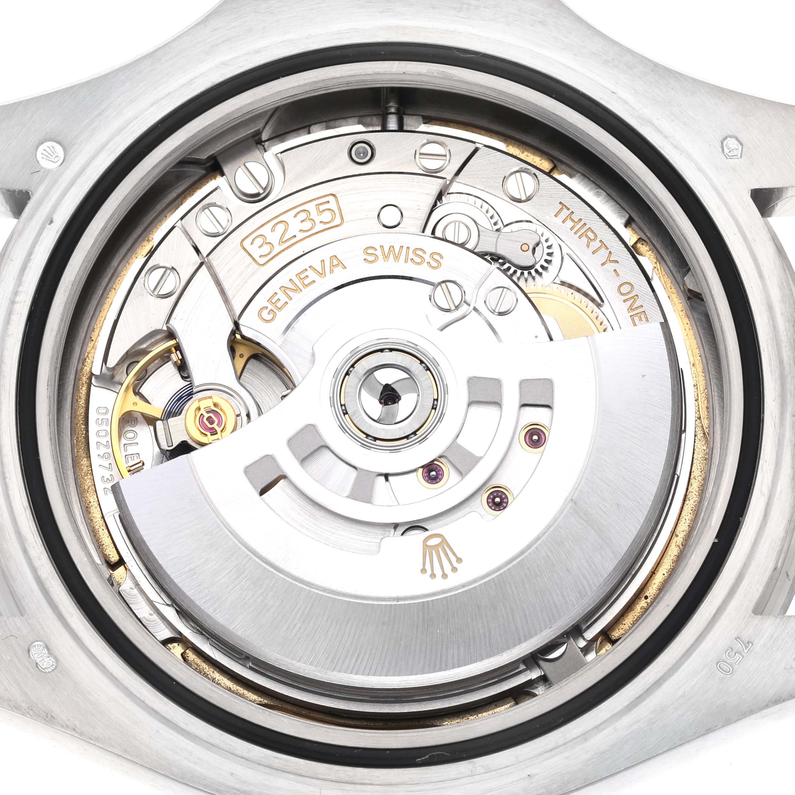 The image shows a close-up of the Rolex Yacht-Master 226659 Men's White Gold Black Dial 226659 Men's White Gold Black Dial's movement from a rear angle, highlighting the intricate mechanical parts.