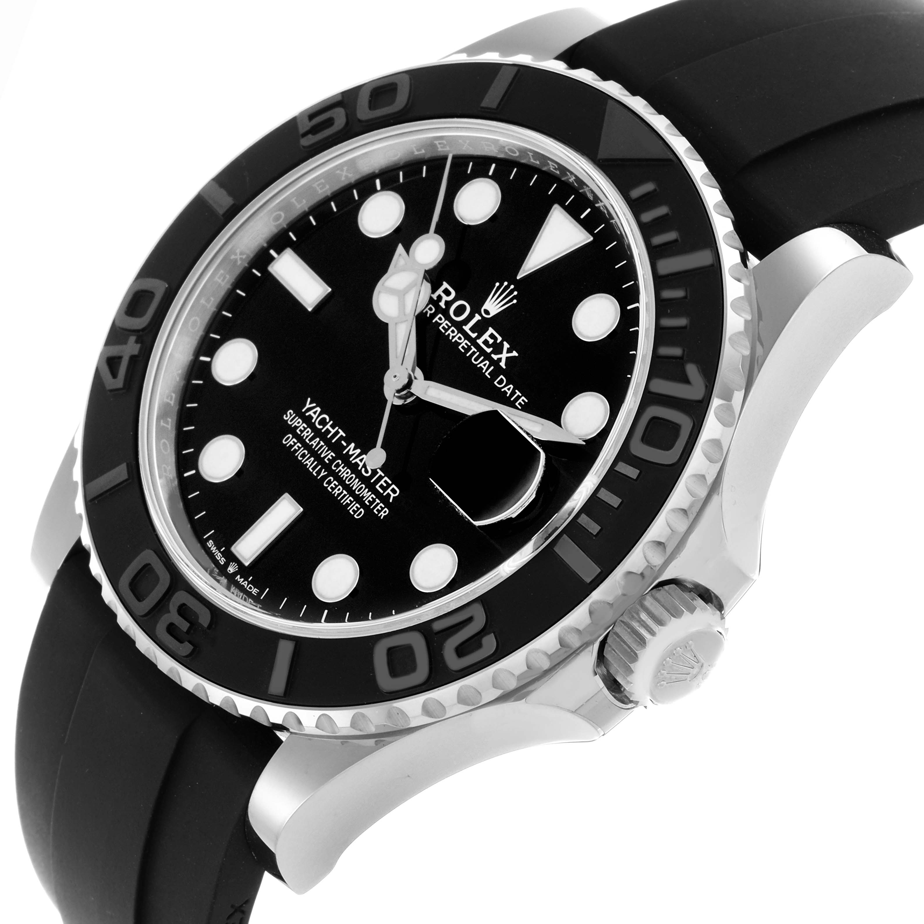 The Rolex Yacht-Master 226659 Men's White Gold Black Dial 226659 Men's White Gold Black Dial watch is shown at an angled side view highlighting the dial, bezel, and crown.