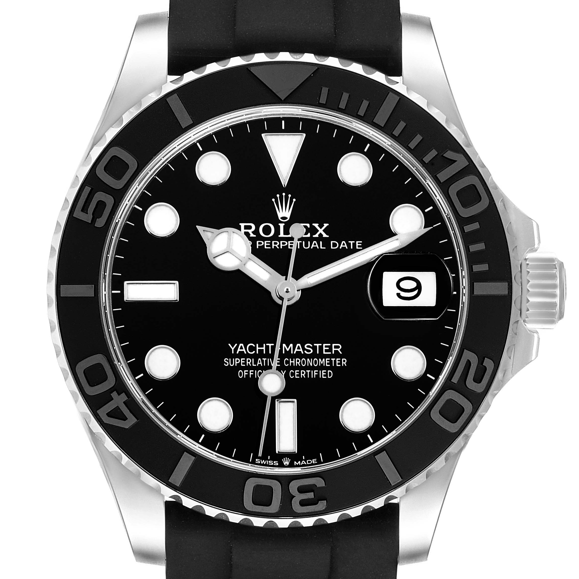 This image shows a front view of the Rolex Yacht-Master 226659 Men's White Gold Black Dial 226659 Men's White Gold Black Dial watch, highlighting the bezel, dial, and date display.