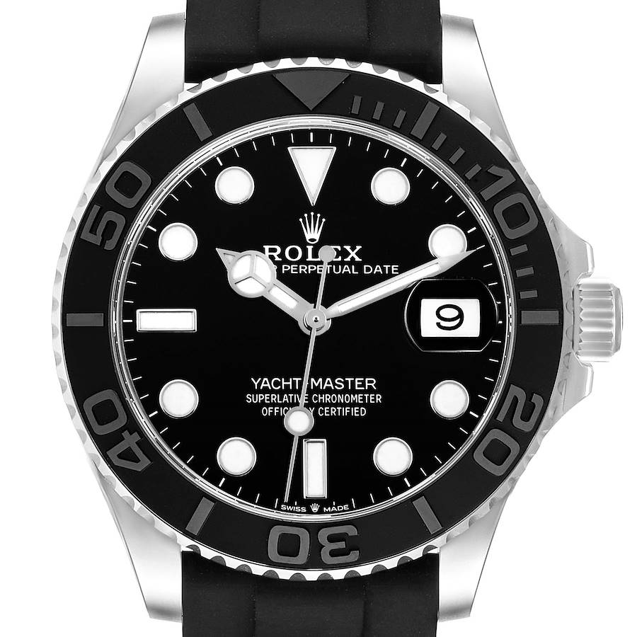 This image shows a front view of the Rolex Yacht-Master watch, highlighting the bezel, dial, and date display.