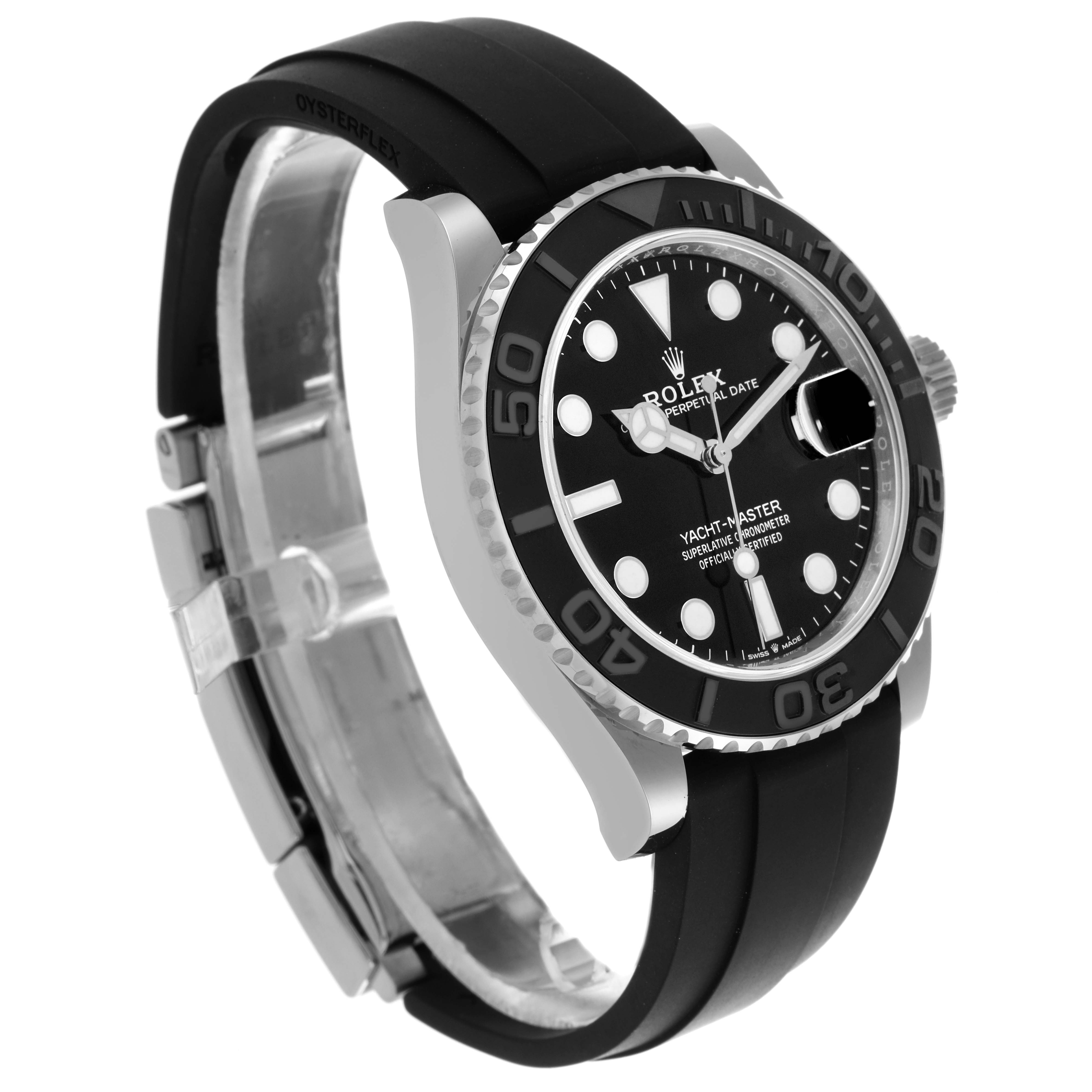 The Rolex Yacht-Master 226659 Men's White Gold Black Dial 226659 Men's White Gold Black Dial watch is shown at a slight angle, displaying the face, bezel, crown, and part of the strap.