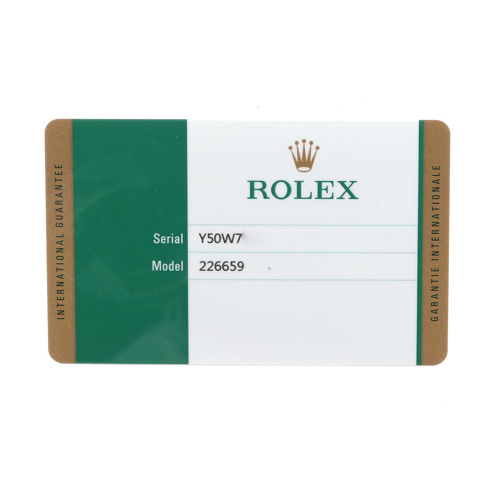 The image shows the warranty card for a Rolex Yacht-Master 226659 Men's White Gold Black Dial 226659 Men's White Gold Black Dial, displaying serial and model numbers.