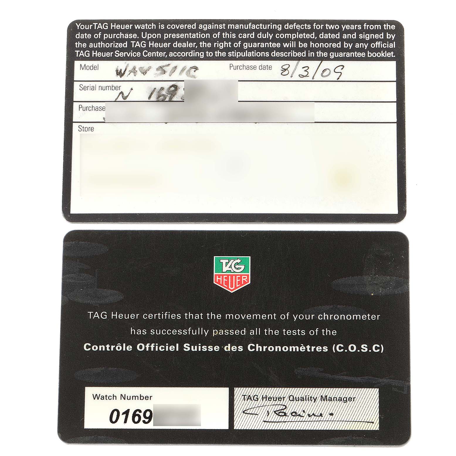The image shows warranty cards for a Tag Heuer Carrera WAV511C.FC6230 Men's Stainless Steel Brown Dial WAV511C.FC6230 Men's Stainless Steel Brown Dial model watch, displaying model, serial numbers, and purchase details.
