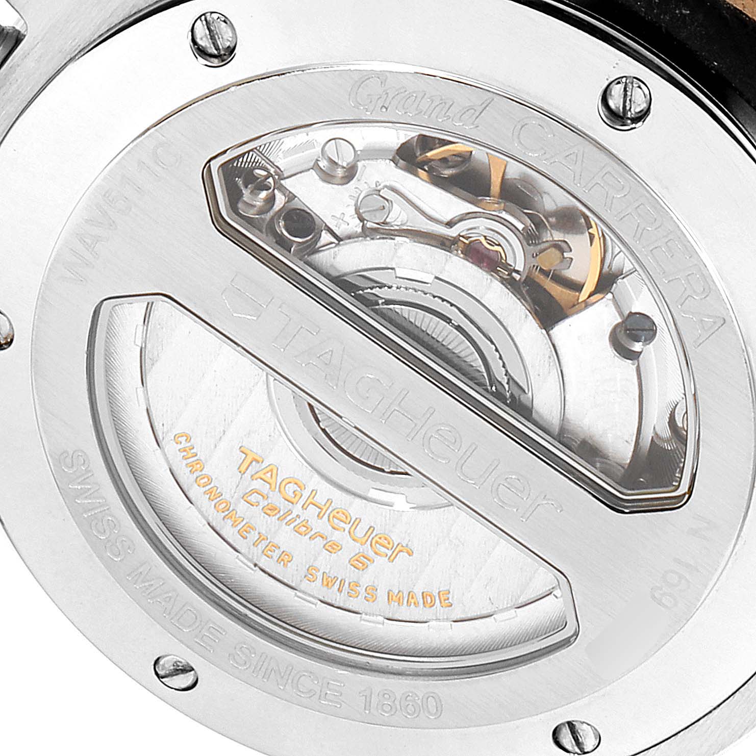 The image shows the back case of a Tag Heuer Carrera WAV511C.FC6230 Men's Stainless Steel Brown Dial WAV511C.FC6230 Men's Stainless Steel Brown Dial watch, highlighting the movement and engravings.