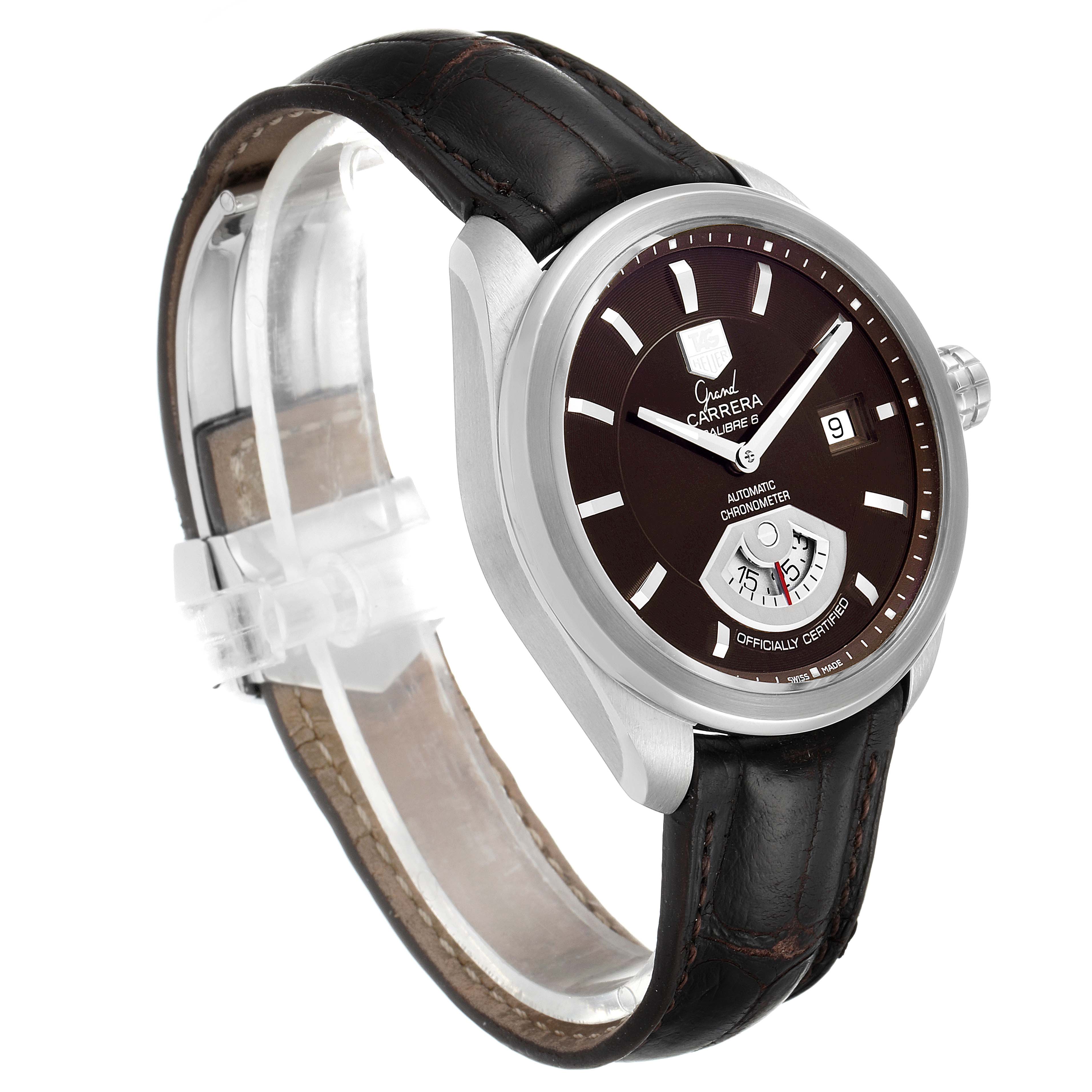 This image shows a Tag Heuer Carrera WAV511C.FC6230 Men's Stainless Steel Brown Dial WAV511C.FC6230 Men's Stainless Steel Brown Dial model watch angled to display its brown dial, date window, and leather strap.
