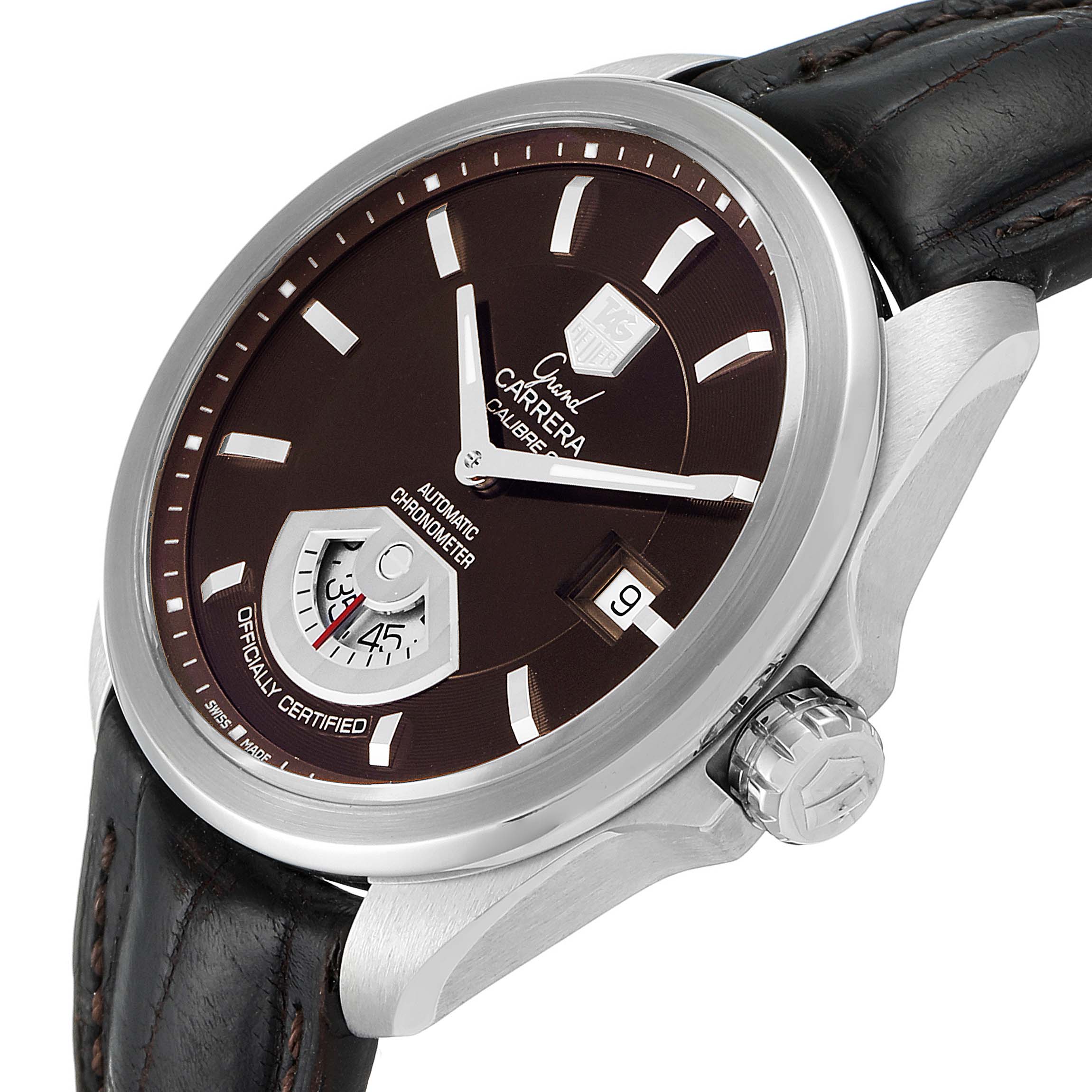 This Tag Heuer Carrera WAV511C.FC6230 Men's Stainless Steel Brown Dial WAV511C.FC6230 Men's Stainless Steel Brown Dial watch is shown from a side angle, highlighting the face, crown, and part of the leather strap.