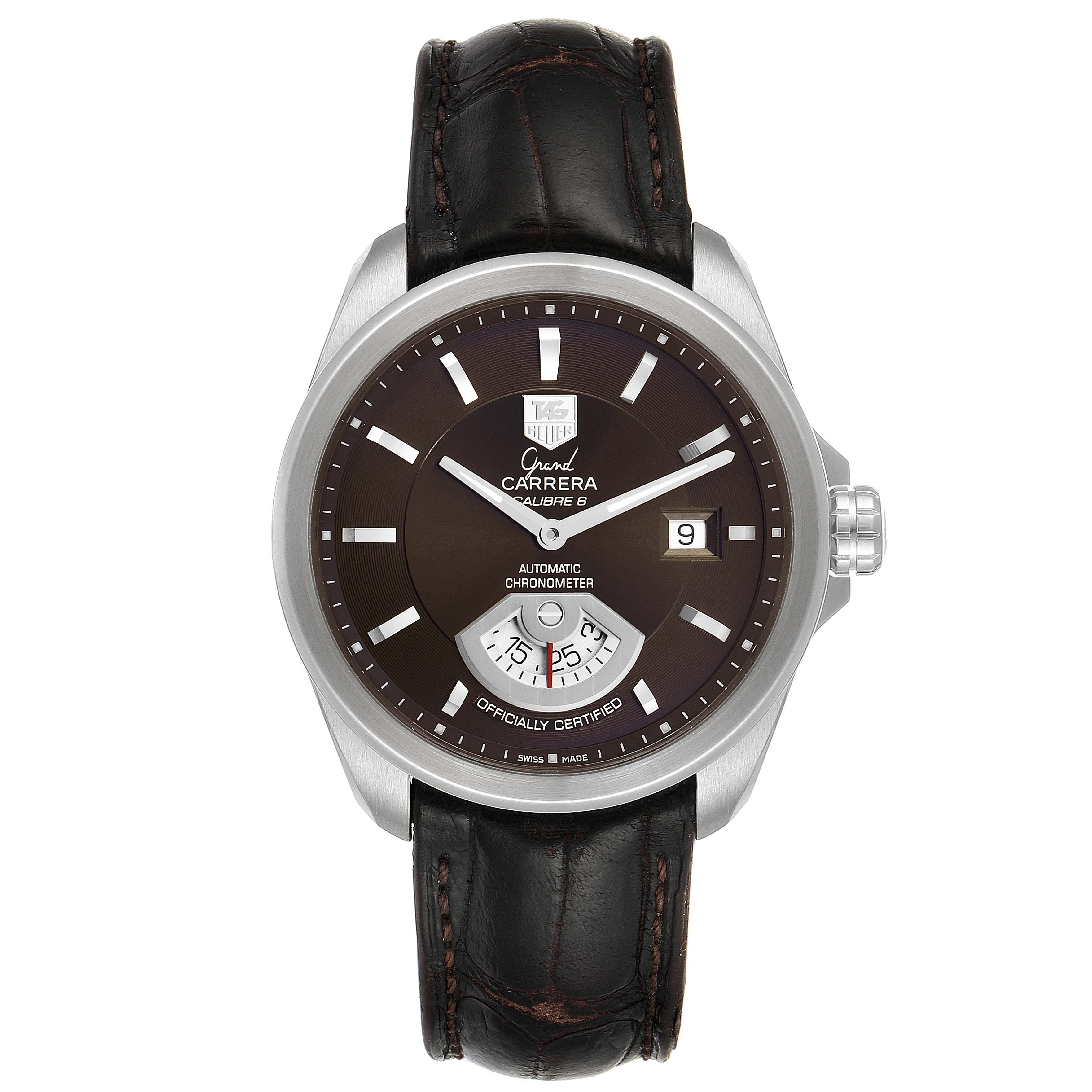 This Tag Heuer Carrera WAV511C.FC6230 Men's Stainless Steel Brown Dial WAV511C.FC6230 Men's Stainless Steel Brown Dial model watch is shown from a front angle, displaying the face, dial, and leather strap.