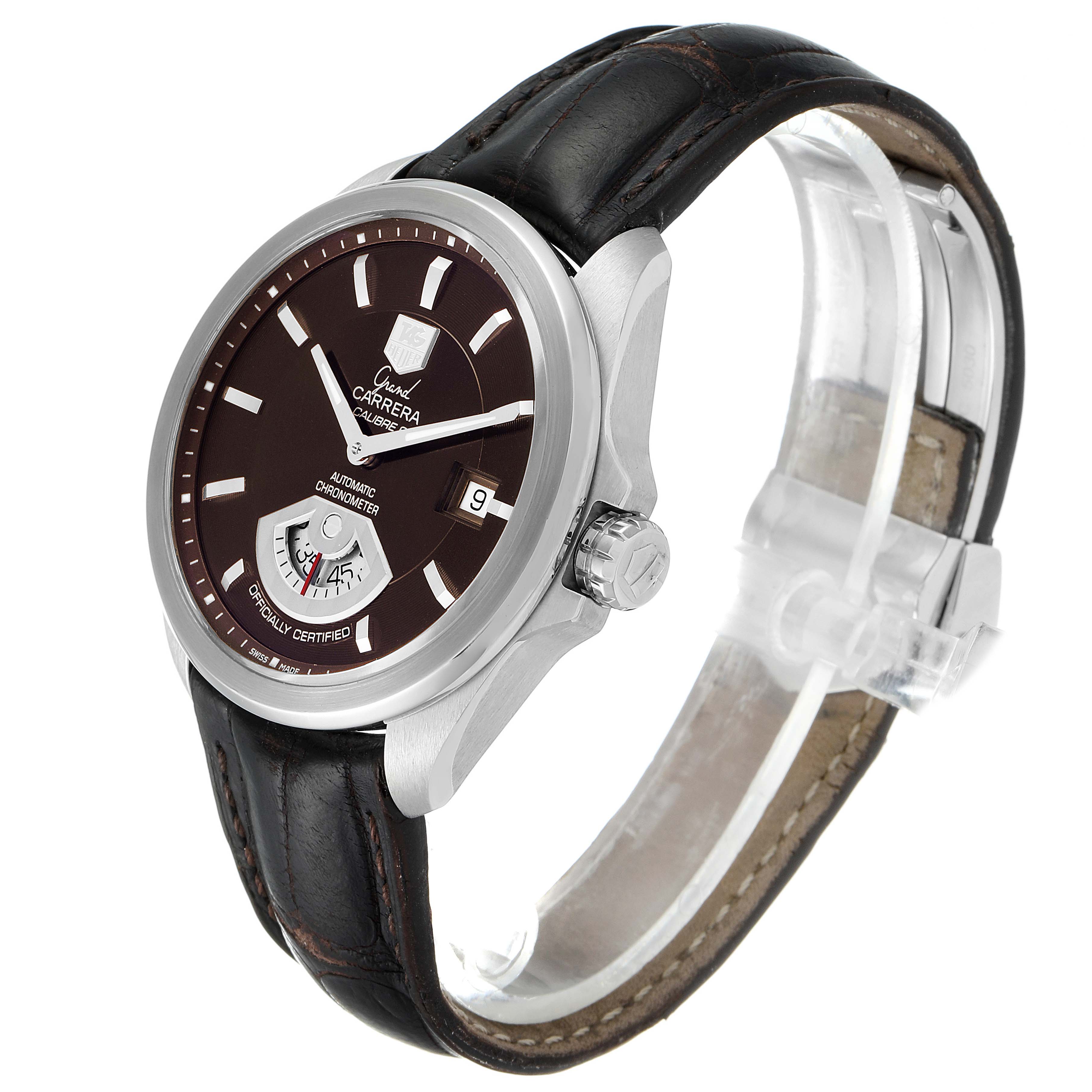 The image shows a side view of a Tag Heuer Carrera WAV511C.FC6230 Men's Stainless Steel Brown Dial WAV511C.FC6230 Men's Stainless Steel Brown Dial watch displaying its face, crown, and black leather strap.