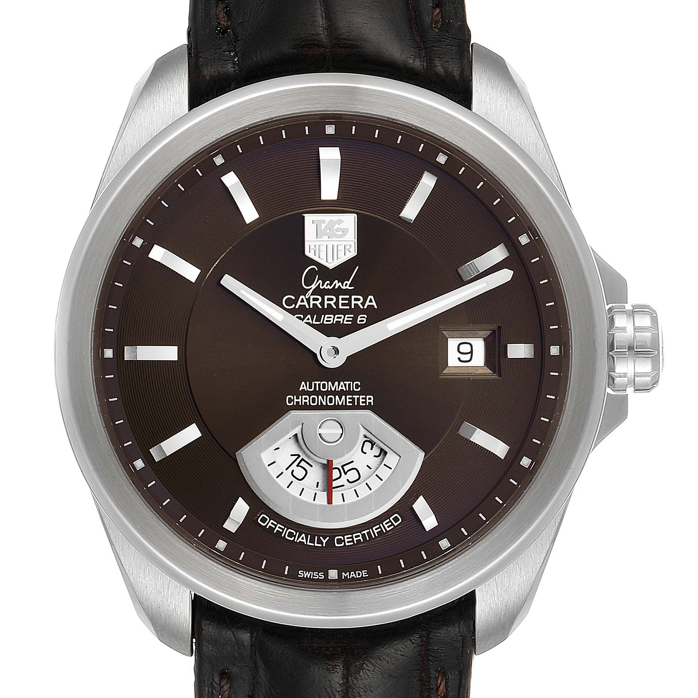 The image shows a close-up of the Tag Heuer Carrera WAV511C.FC6230 Men's Stainless Steel Brown Dial WAV511C.FC6230 Men's Stainless Steel Brown Dial's dial, case, and strap, highlighting the time, date, and small seconds subdial.