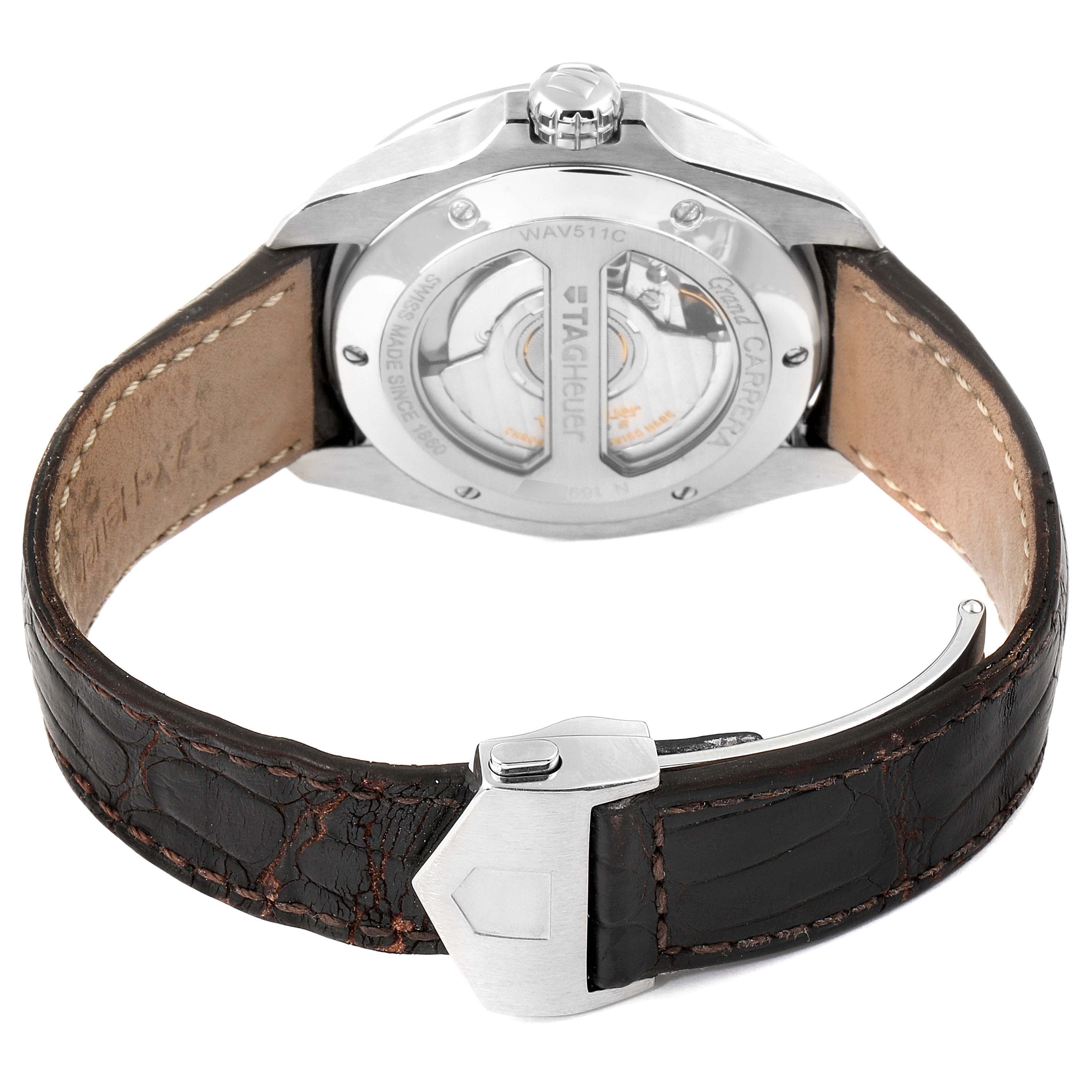 This image shows the back view of a Tag Heuer Carrera WAV511C.FC6230 Men's Stainless Steel Brown Dial WAV511C.FC6230 Men's Stainless Steel Brown Dial watch featuring the case back and leather strap with a clasp.