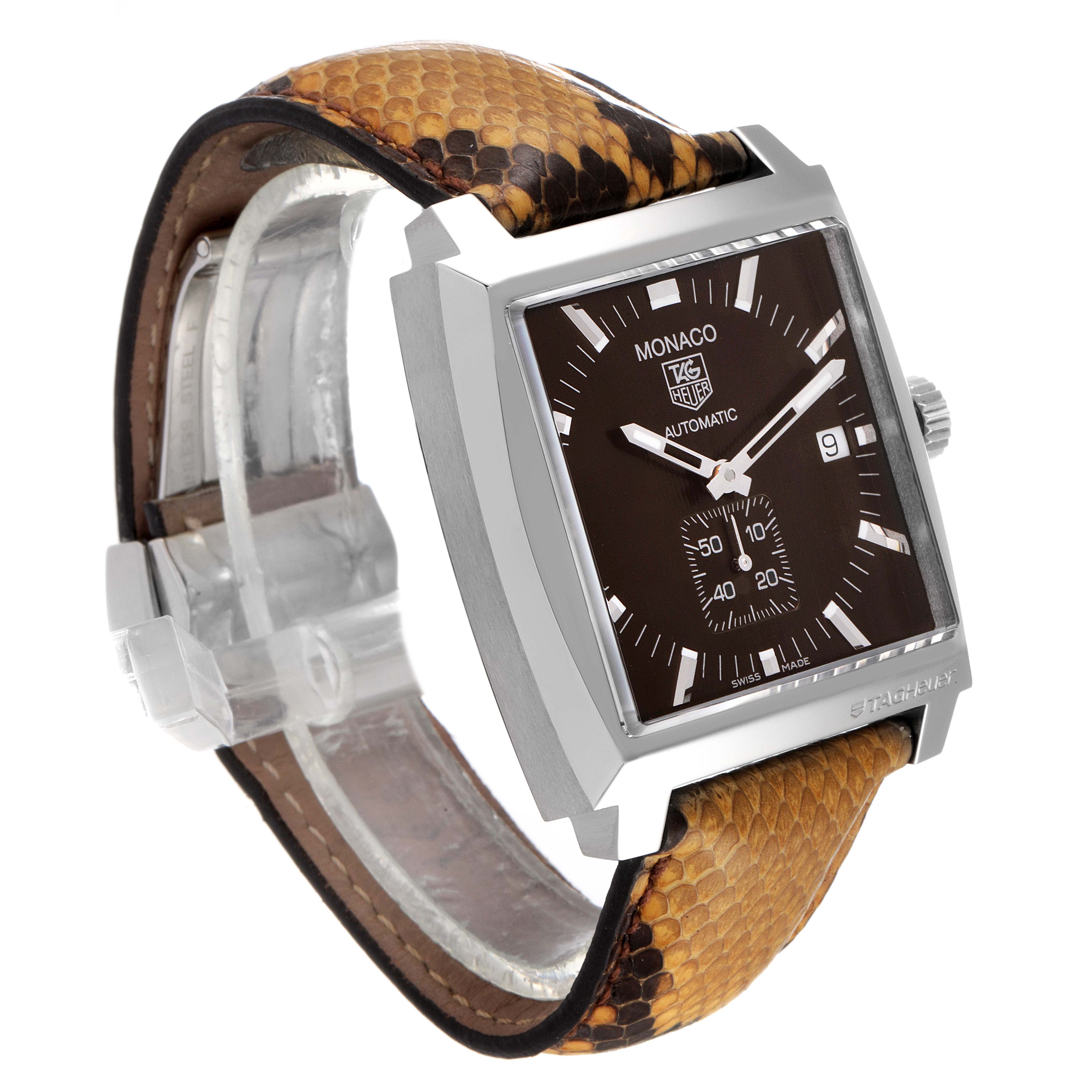 The image shows a Tag Heuer Monaco WW2115.FC6217 Men's Stainless Steel Brown Dial WW2115.FC6217 Men's Stainless Steel Brown Dial watch at a slight angle, highlighting its square dial, face details, and brown strap.