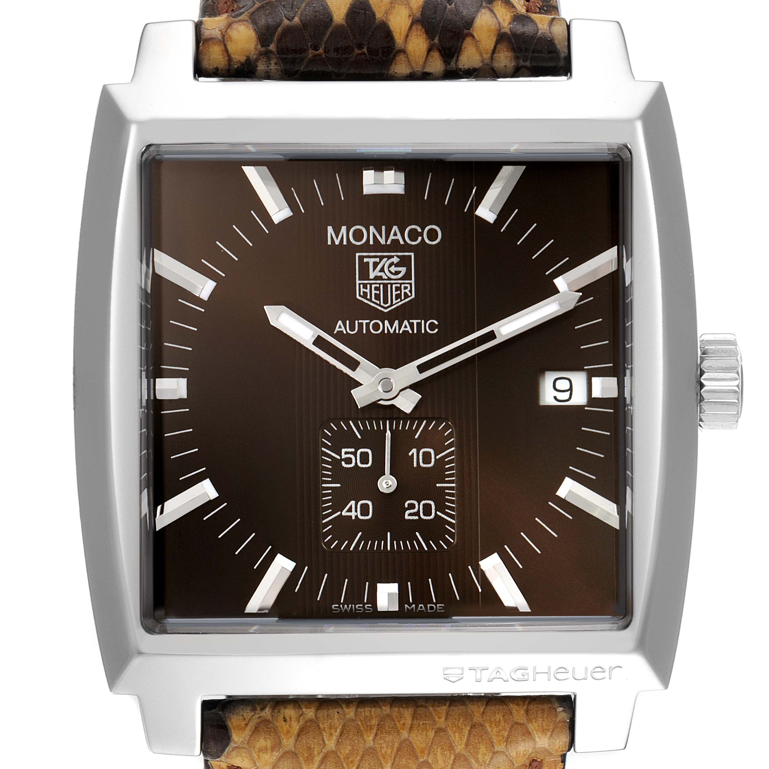 The image shows a front view of a Tag Heuer Monaco WW2115.FC6217 Men's Stainless Steel Brown Dial WW2115.FC6217 Men's Stainless Steel Brown Dial watch with a brown dial and a snakeskin strap.