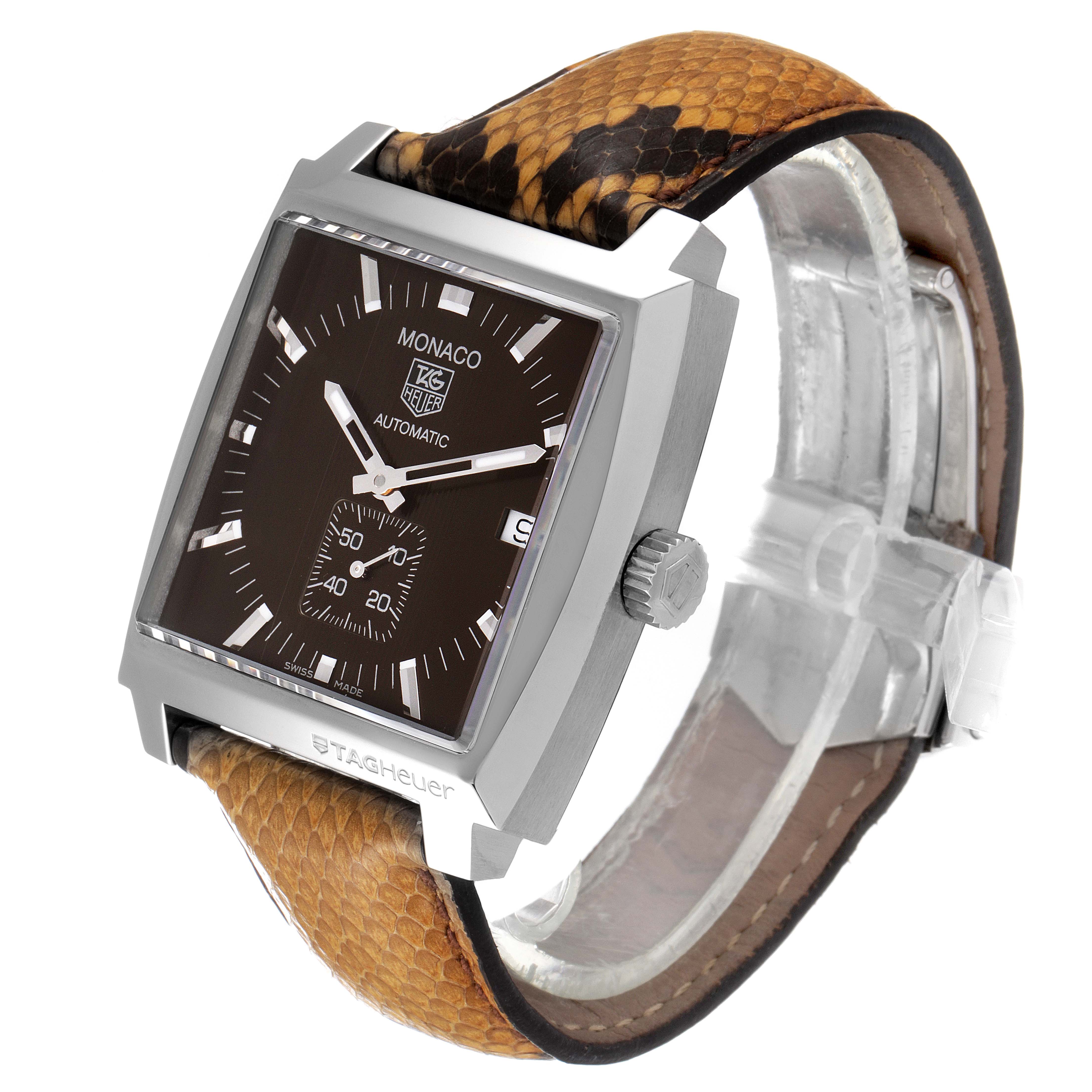 The image shows a Tag Heuer Monaco WW2115.FC6217 Men's Stainless Steel Brown Dial WW2115.FC6217 Men's Stainless Steel Brown Dial watch at a slightly tilted angle, displaying the face, crown, and part of the strap.