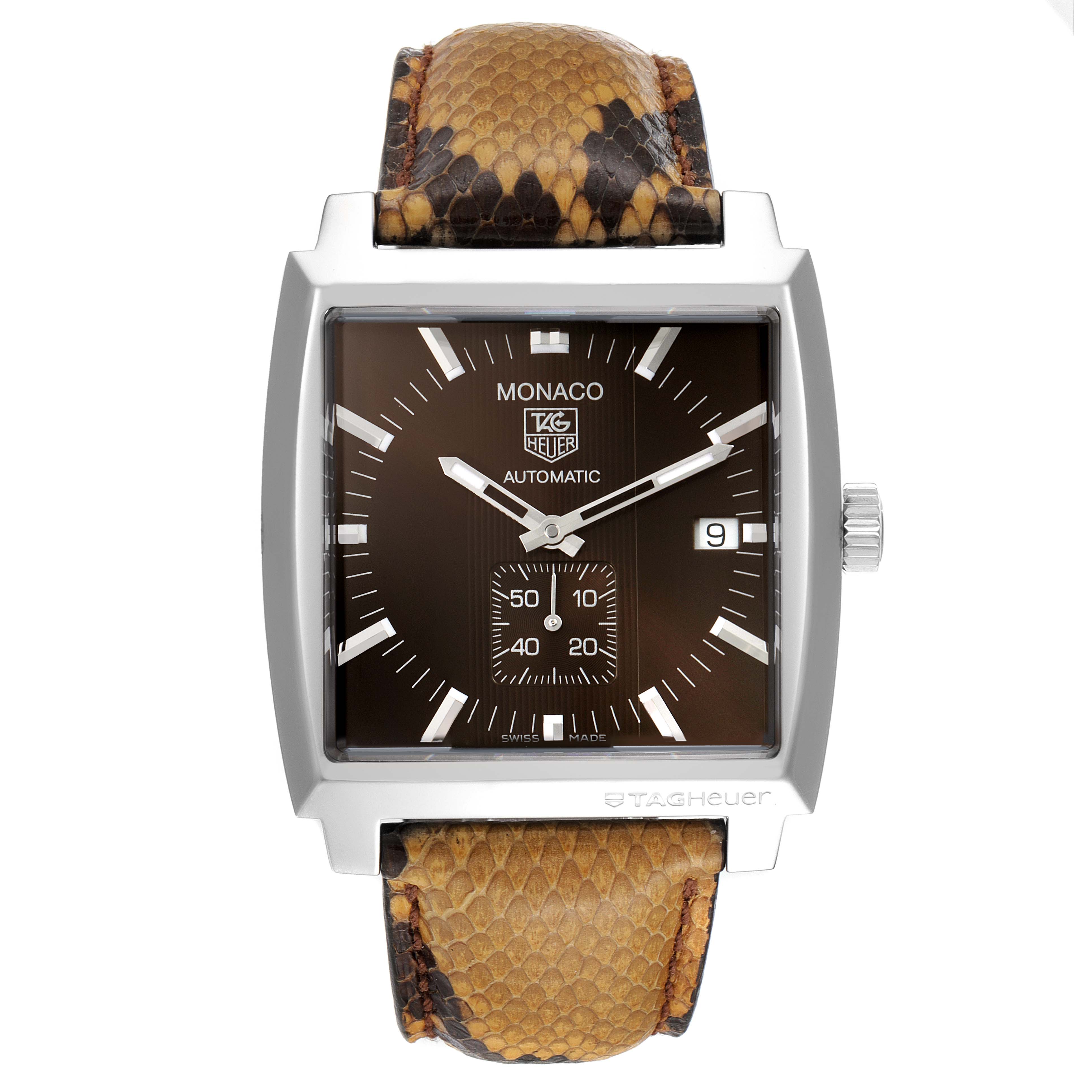 The image shows a front view of a Tag Heuer Monaco WW2115.FC6217 Men's Stainless Steel Brown Dial WW2115.FC6217 Men's Stainless Steel Brown Dial watch with a brown dial and a reptile-patterned leather strap.