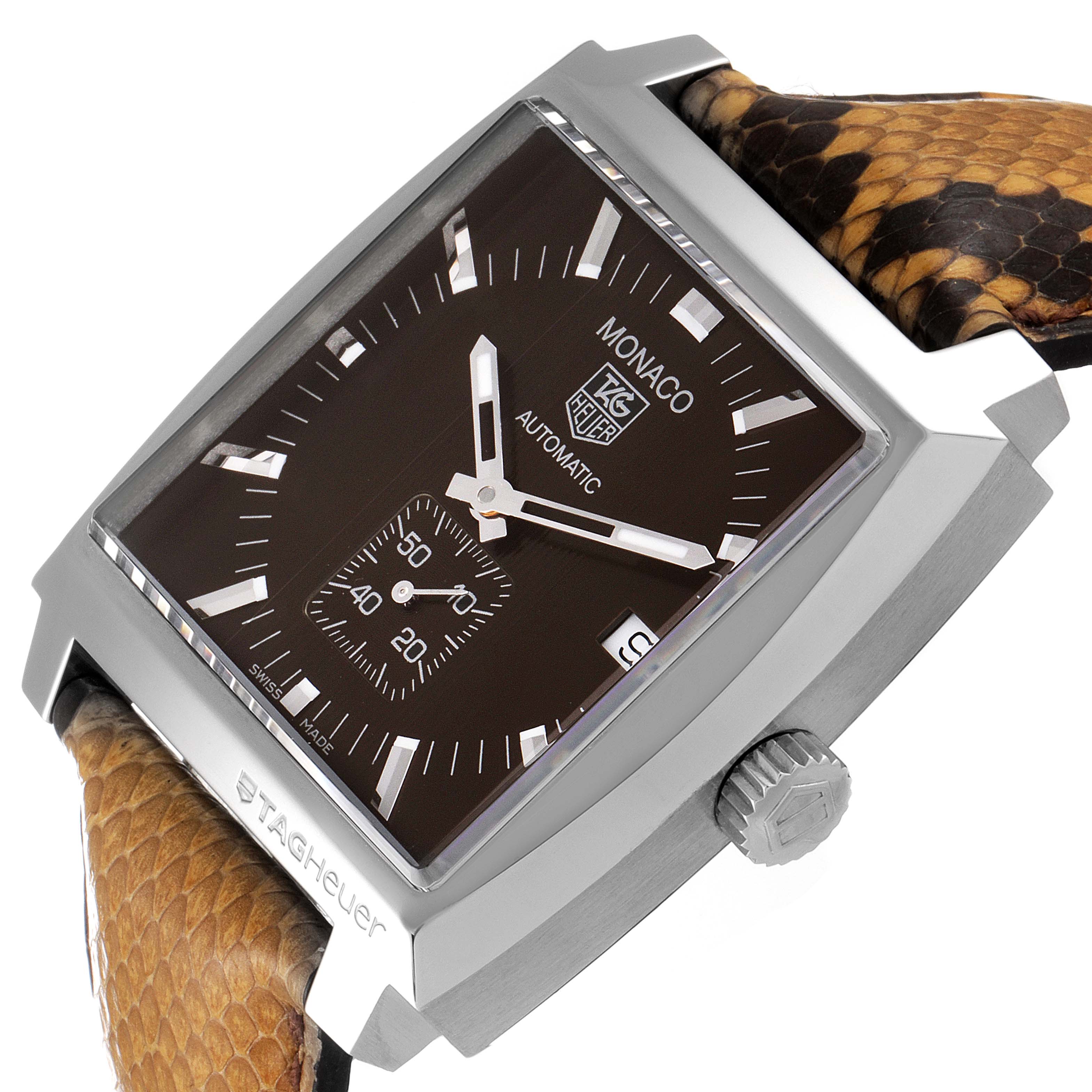 This image shows a front angle view of the Tag Heuer Monaco WW2115.FC6217 Men's Stainless Steel Brown Dial WW2115.FC6217 Men's Stainless Steel Brown Dial watch with a brown dial and a brown leather strap.
