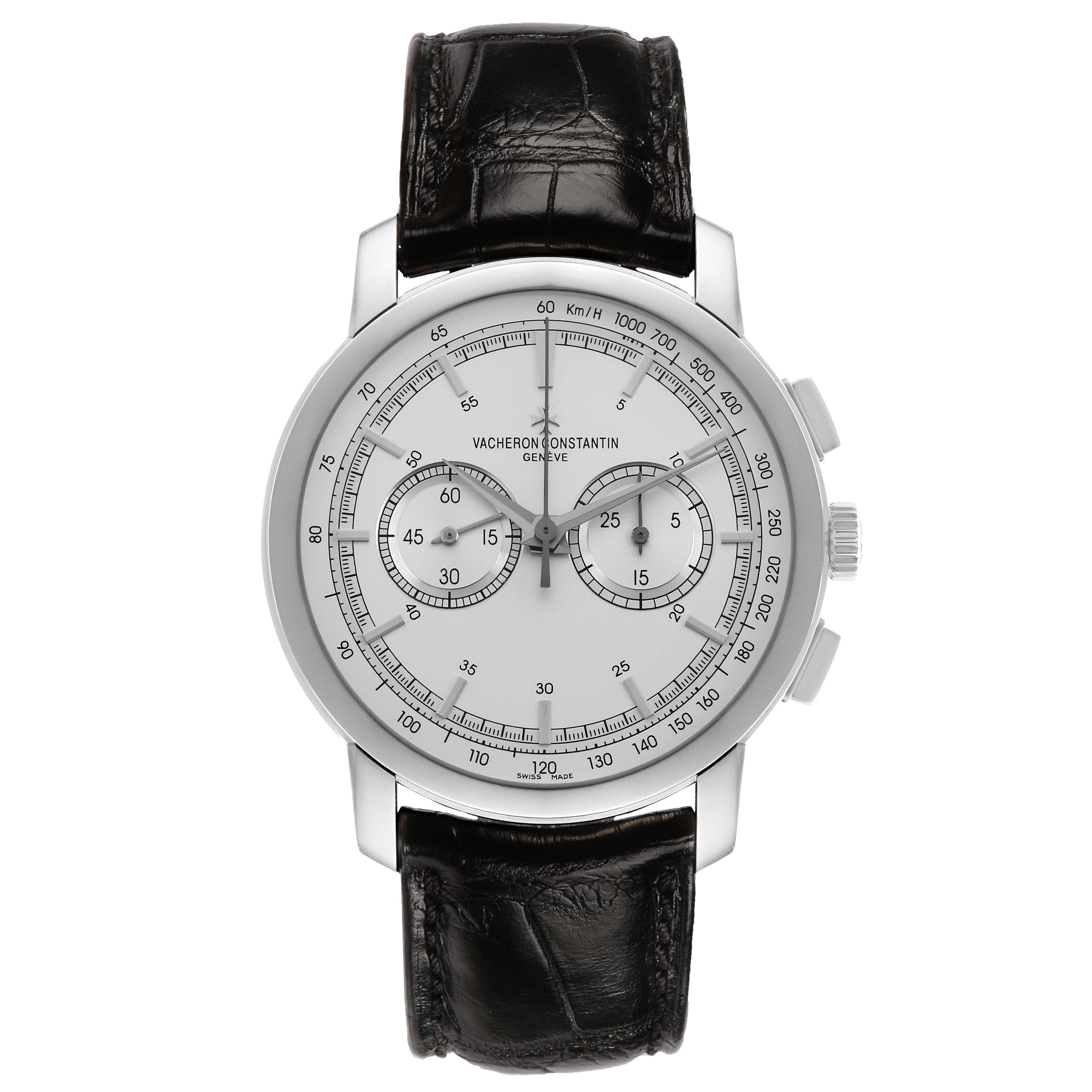 The Vacheron Constantin Traditionnelle 47192 Men's White Gold Silver Dial watch is shown from a top view, displaying the dial, sub-dials, and leather strap.