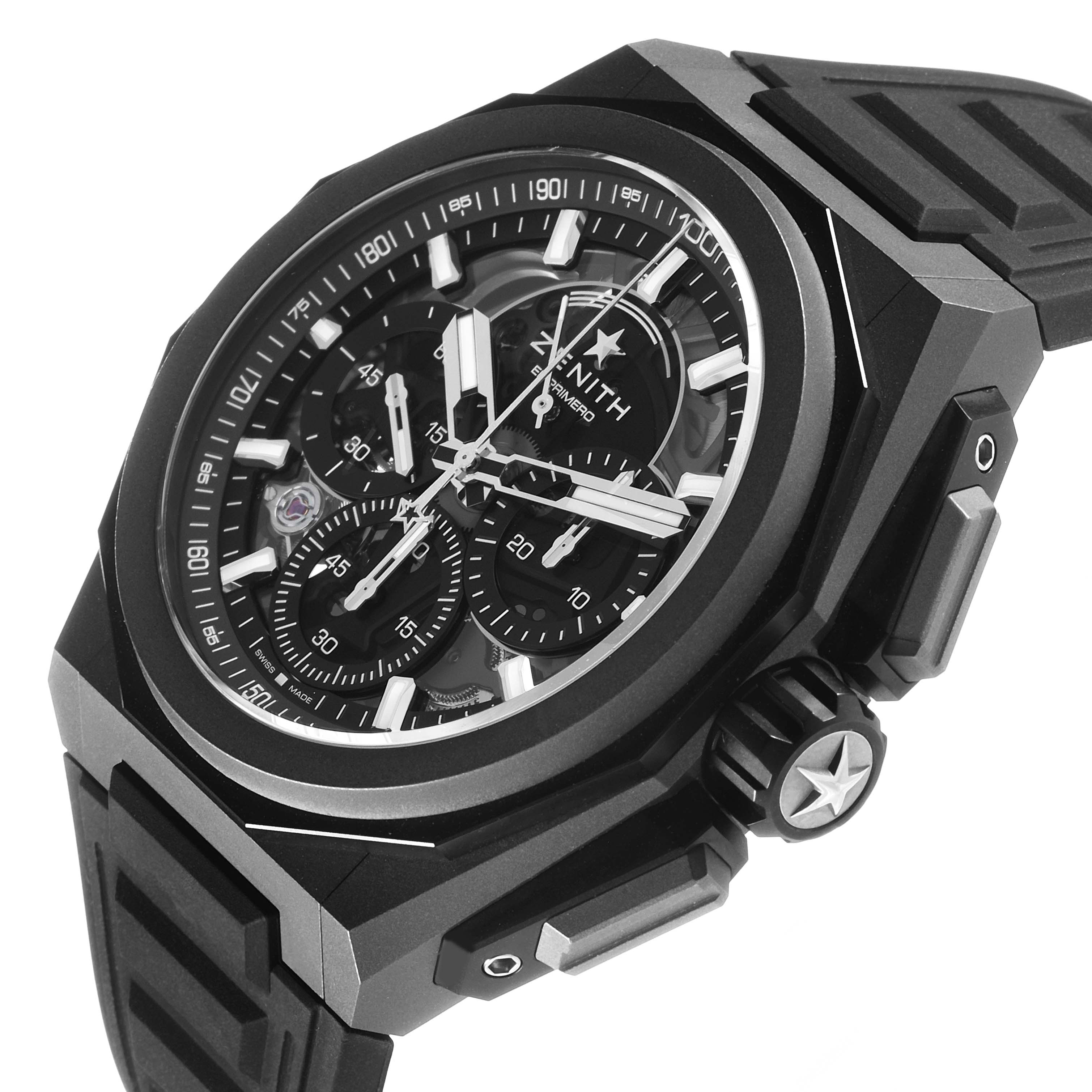 The Zenith Defy 97.9100.9004/02.I001 Men's Titanium Grey Dial watch is shown at a slight angle, highlighting the dial, bezel, and crown.