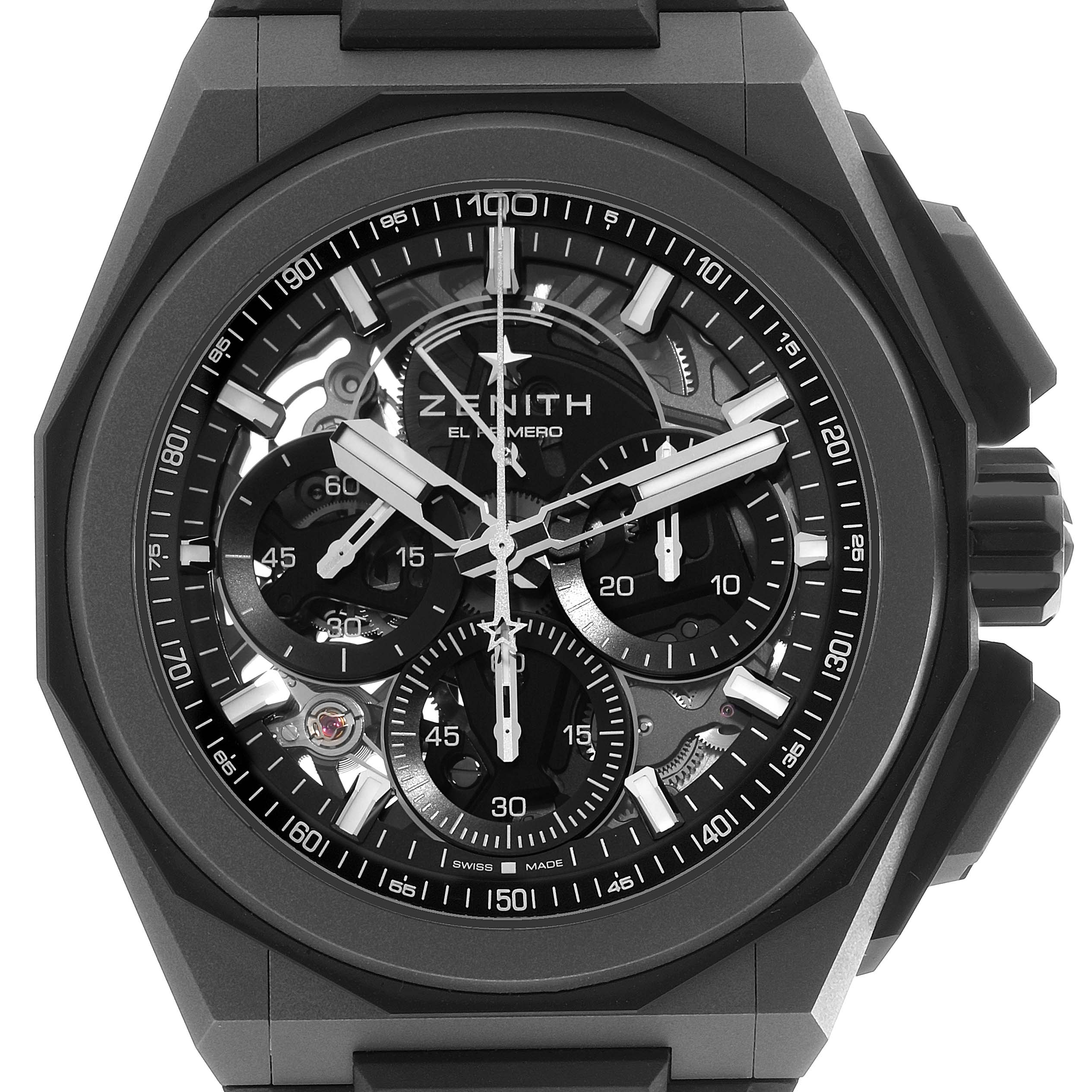 The Zenith Defy 97.9100.9004/02.I001 Men's Titanium Grey Dial watch is shown from a front angle, displaying the face with subdials and skeleton details.