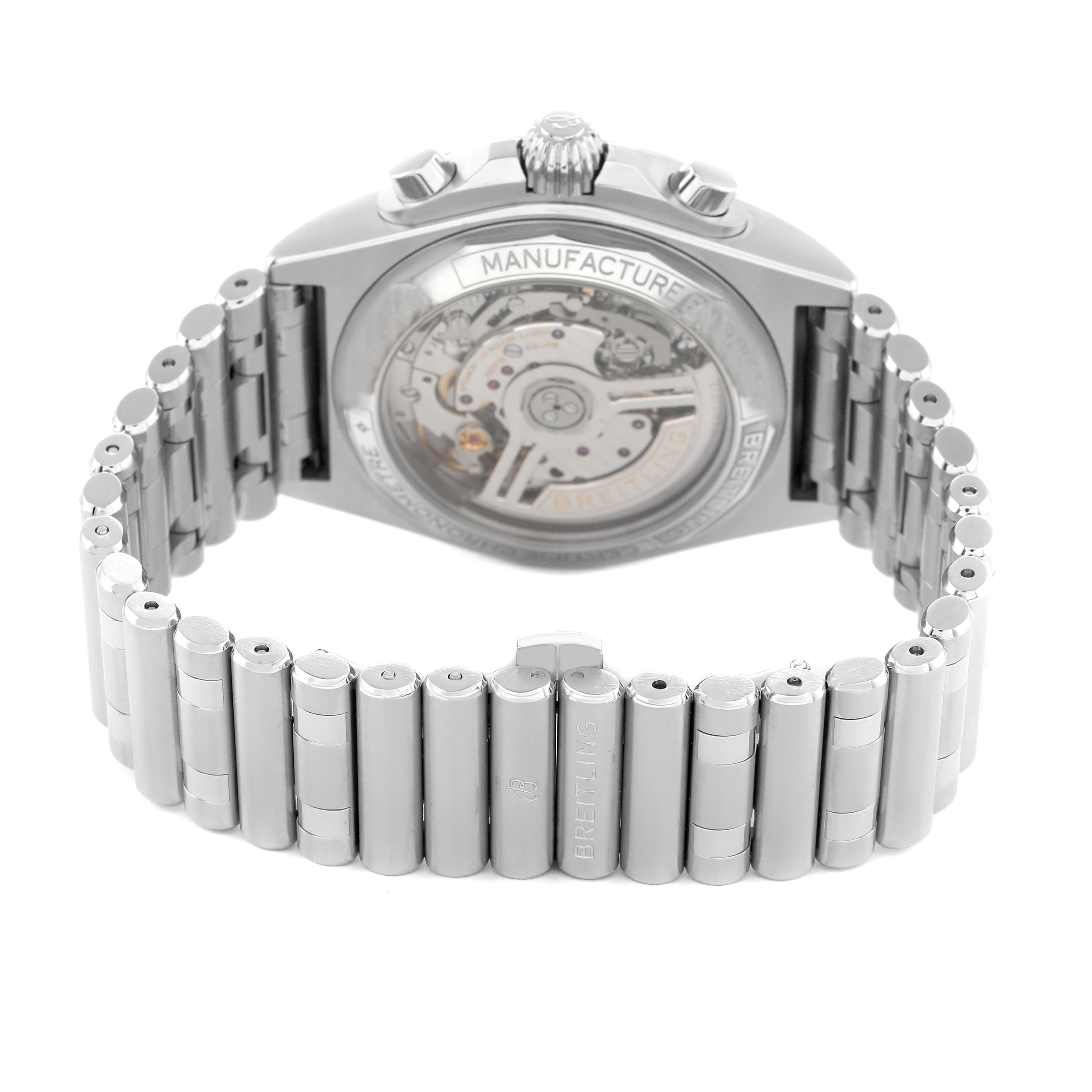 The image shows the back view of the Breitling Chronomat AB0134101C1A1 Men's Stainless Steel Blue Dial, highlighting its bracelet and visible caseback.