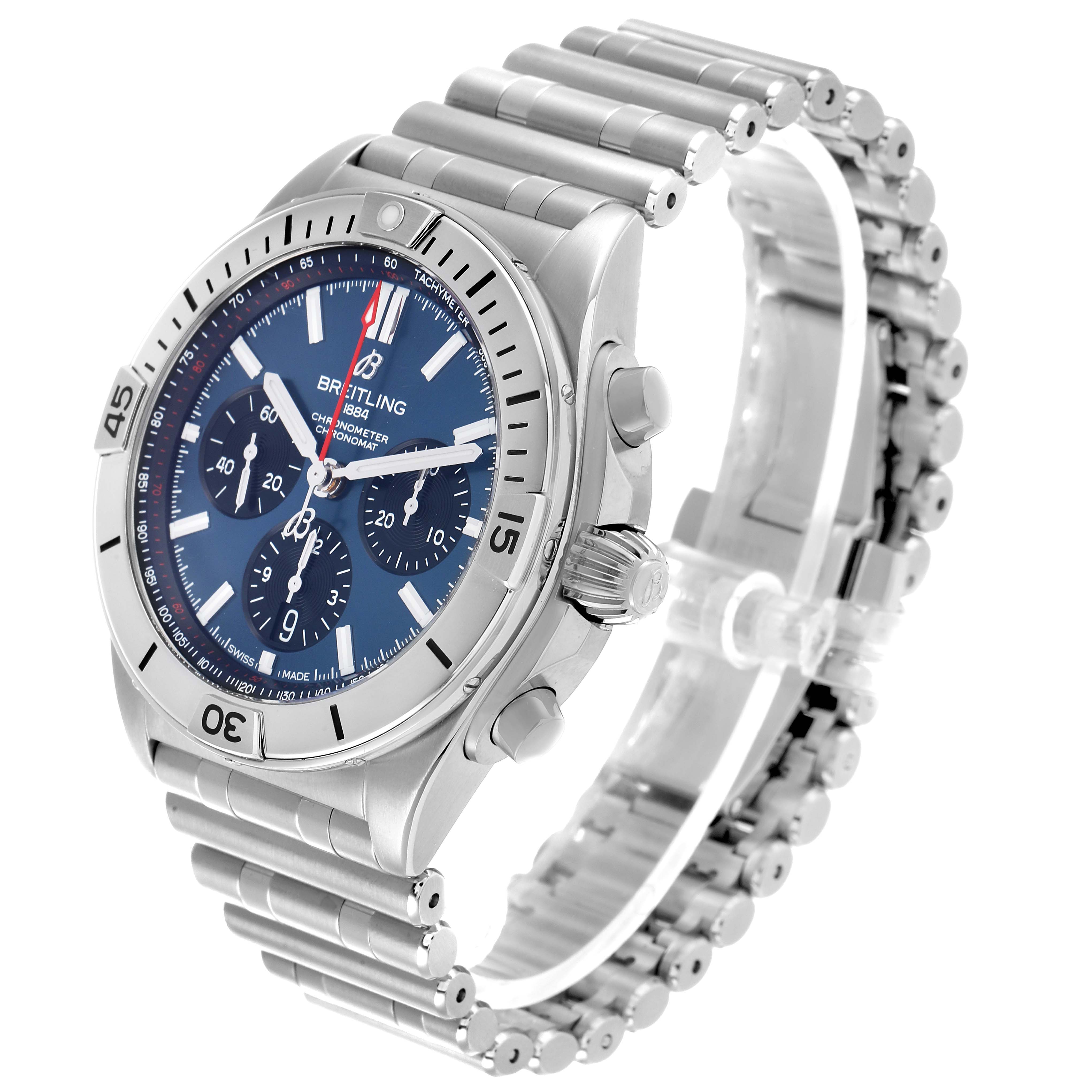 The Breitling Chronomat AB0134101C1A1 Men's Stainless Steel Blue Dial watch is shown at an angle highlighting the face, bezel, crown, and metal bracelet.