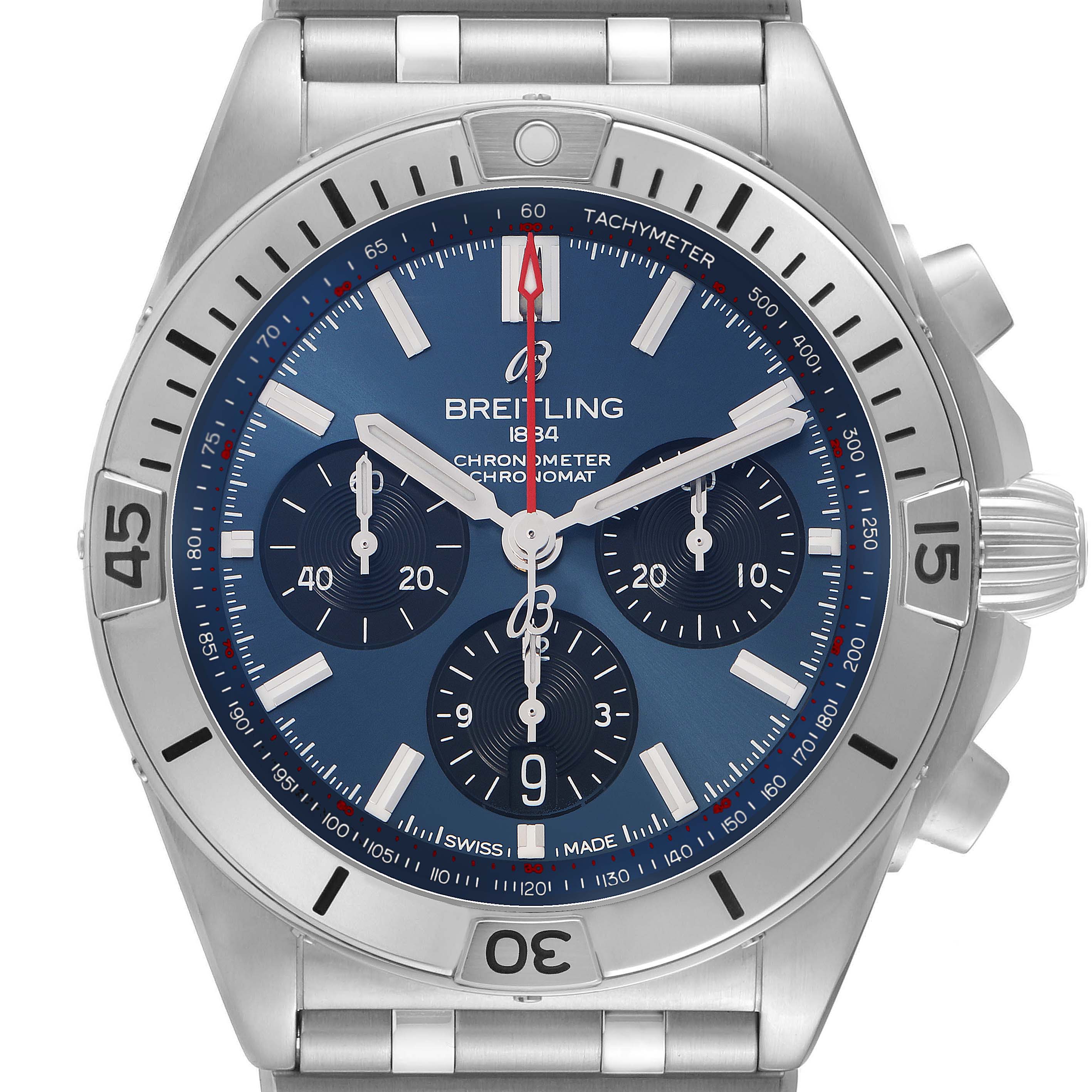 The Breitling Chronomat AB0134101C1A1 Men's Stainless Steel Blue Dial watch is shown front-facing, featuring its bezel, dial, chronograph subdials, and tachymeter scale.