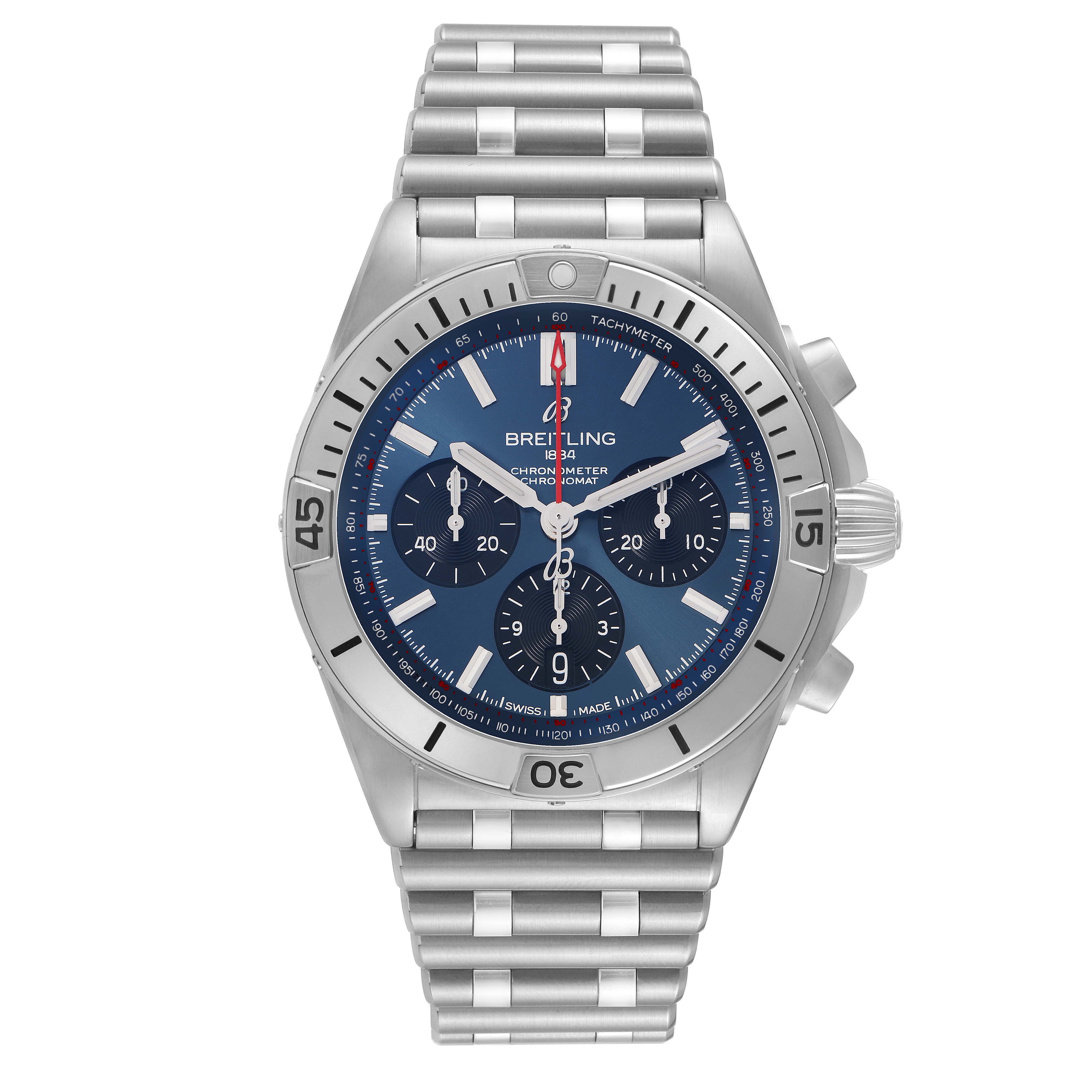 The image shows a Breitling Chronomat AB0134101C1A1 Men's Stainless Steel Blue Dial watch from a top-down angle, highlighting the face, bezel, crown, and bracelet.