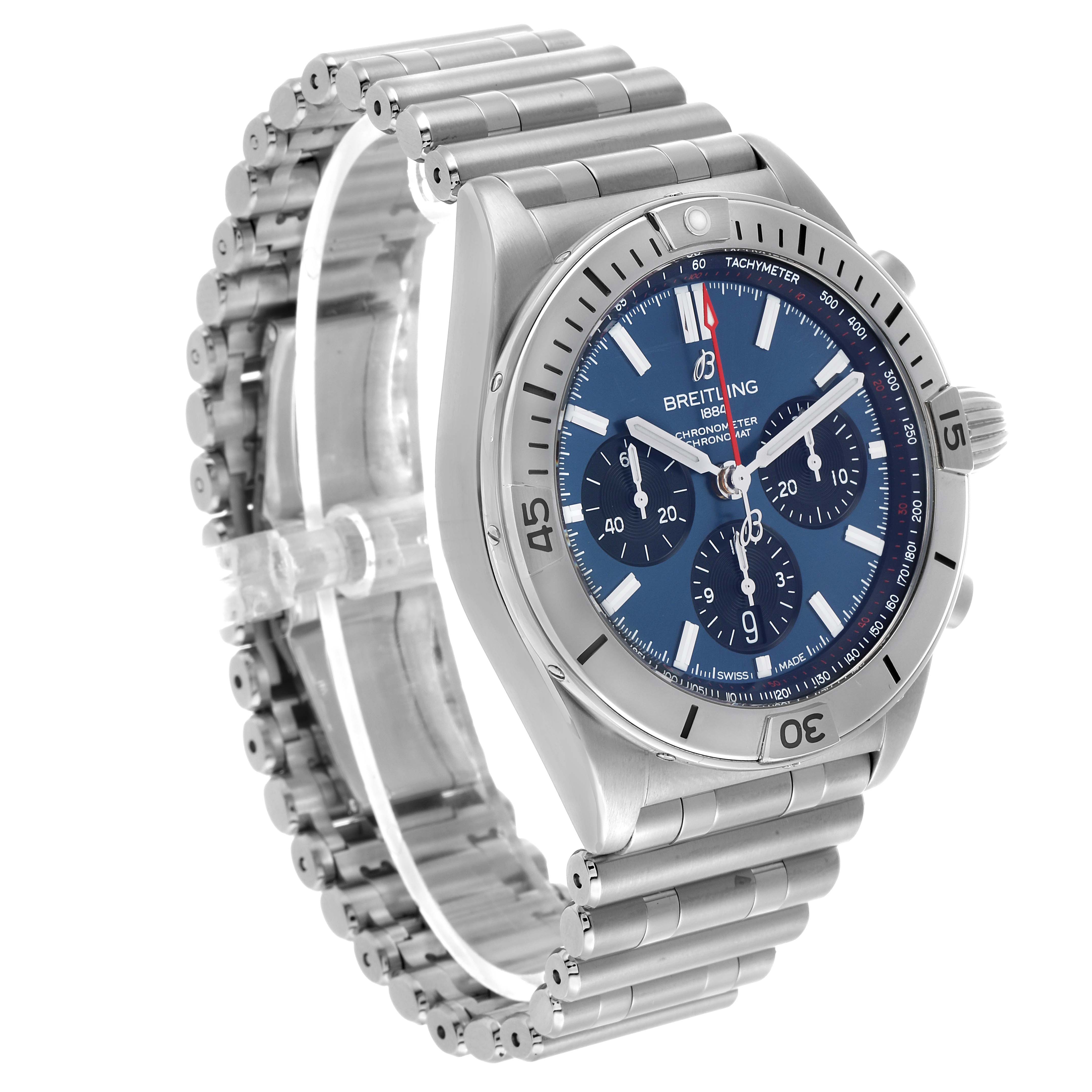 The Breitling Chronomat AB0134101C1A1 Men's Stainless Steel Blue Dial watch is shown at a three-quarter angle, highlighting the face, bezel, and bracelet.