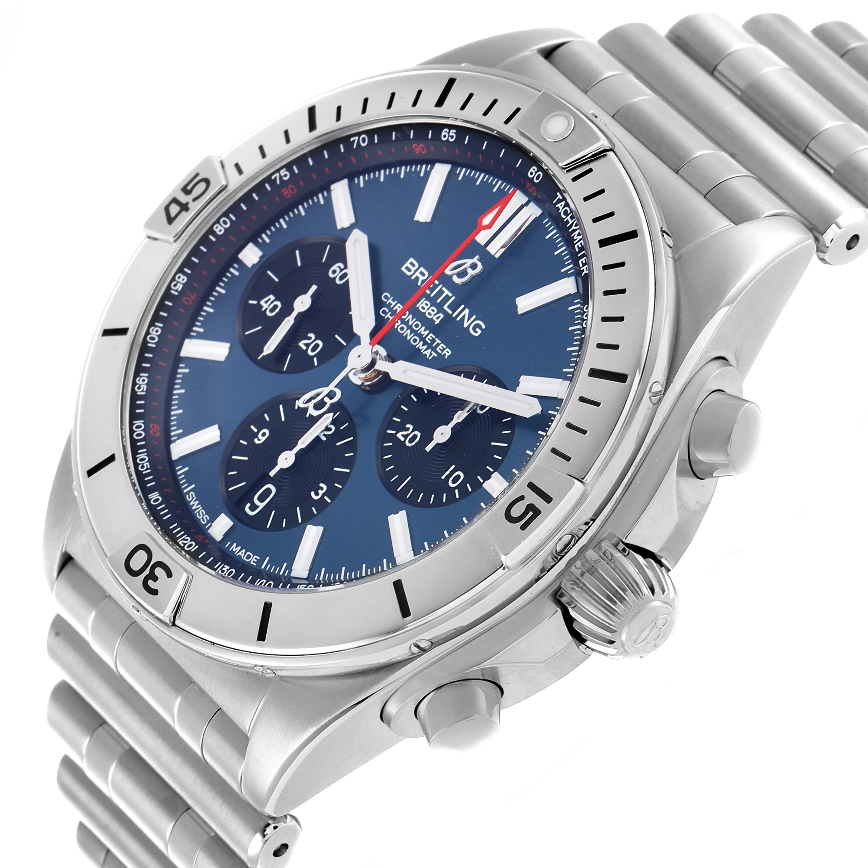 The Breitling Chronomat AB0134101C1A1 Men's Stainless Steel Blue Dial watch is shown at an angle displaying the dial, bezel, crown, and part of the metal bracelet.