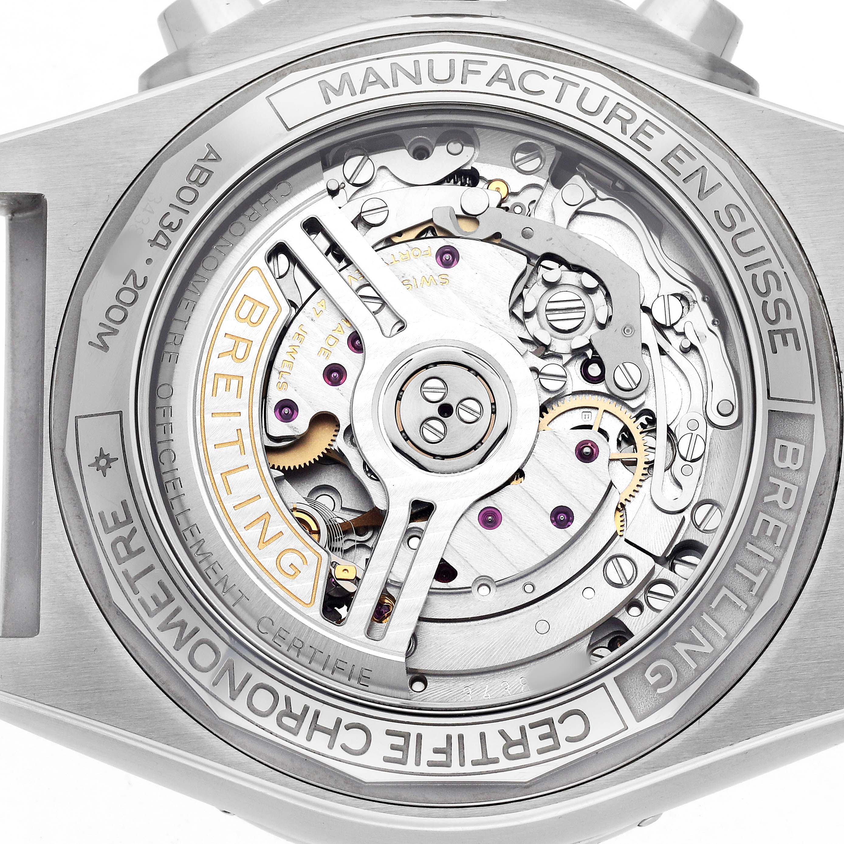 The image shows a close-up of the Breitling Chronomat AB0134101C1A1 Men's Stainless Steel Blue Dial's back, revealing its intricate automatic movement.